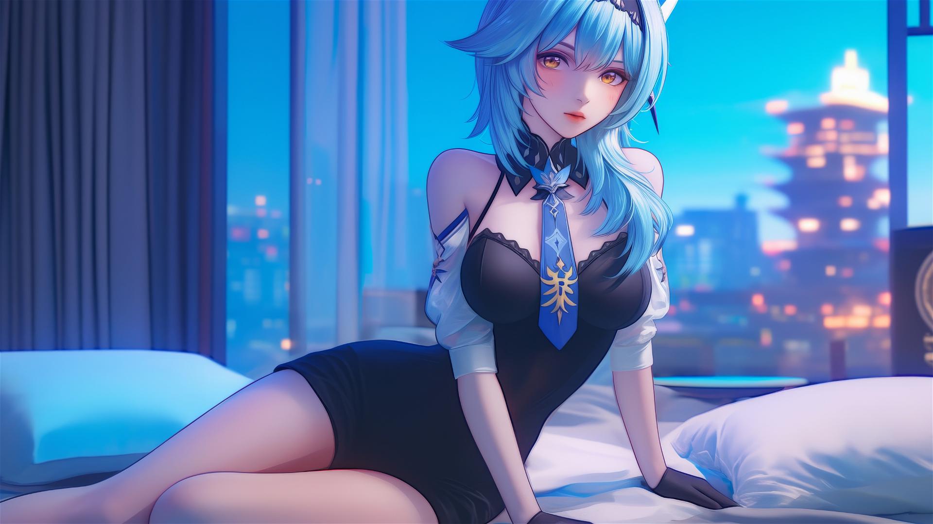 Eula Lawrence from Genshin Impact resting in a moonlit modern hotel room