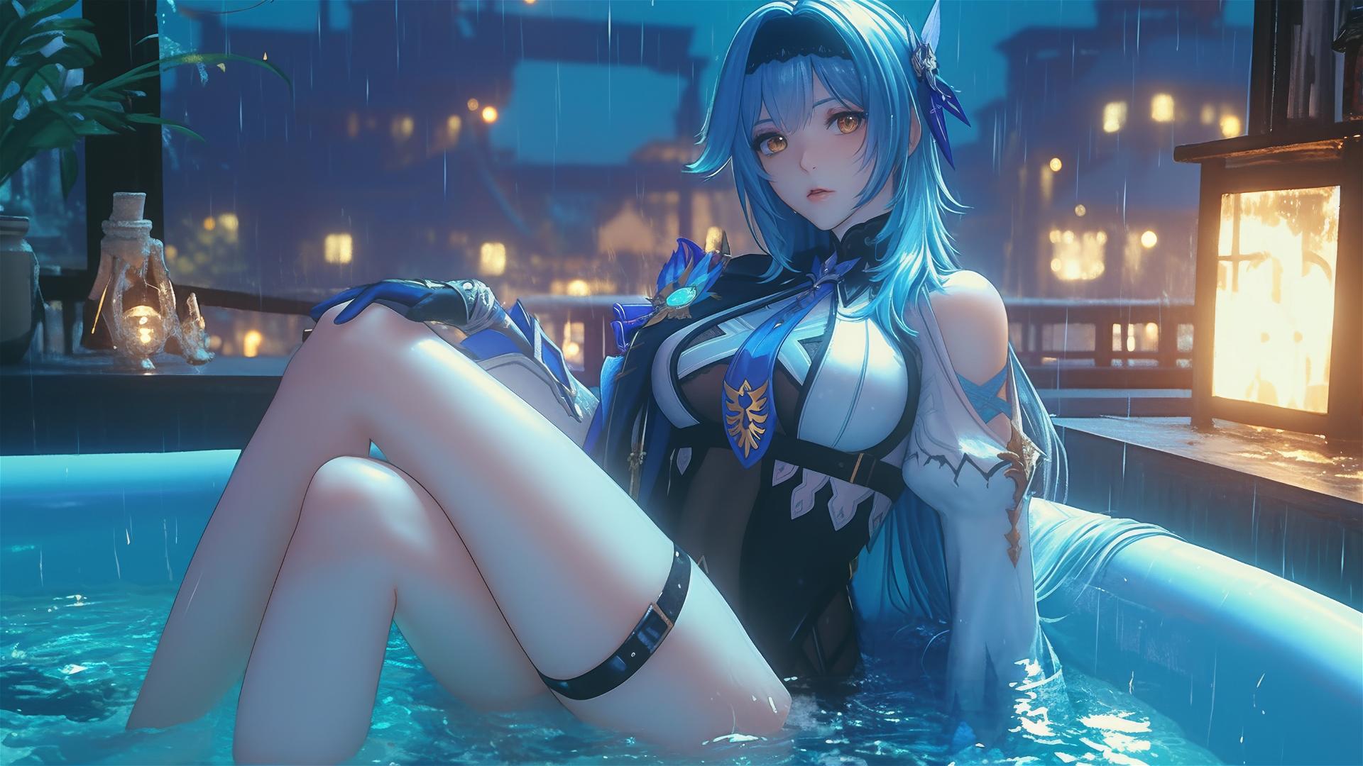 Eula Lawrence from Genshin Impact resting in a tub, softly lit by moonlight.