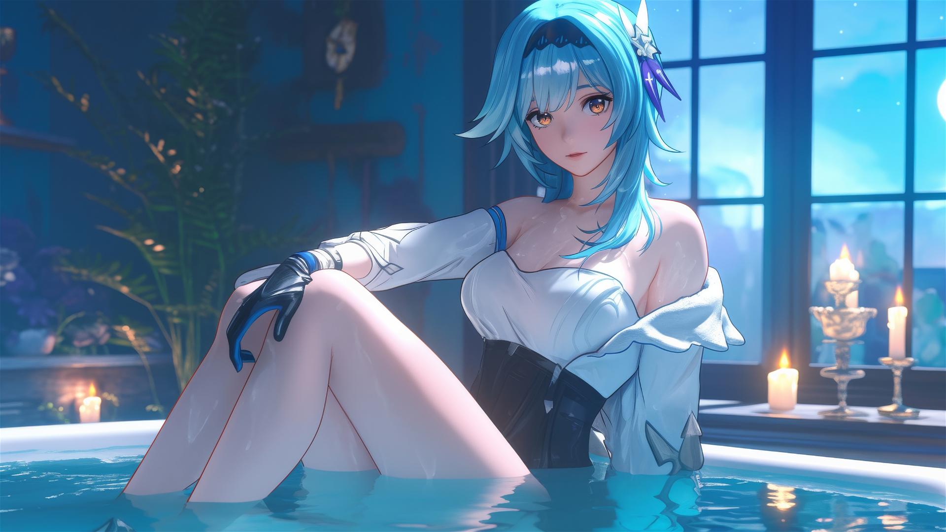 Eula Lawrence resting in a tub under moonlight with light blue hair