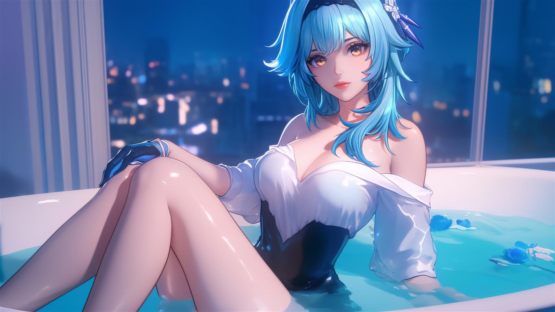 Eula Lawrence from Genshin Impact resting in a tub under moonlight