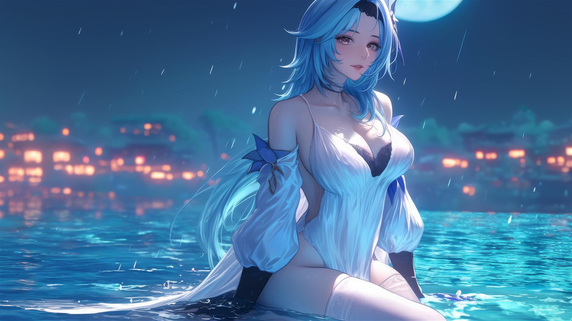 Eula Lawrence in a white dress standing in a rainy swimming pool with moonlight