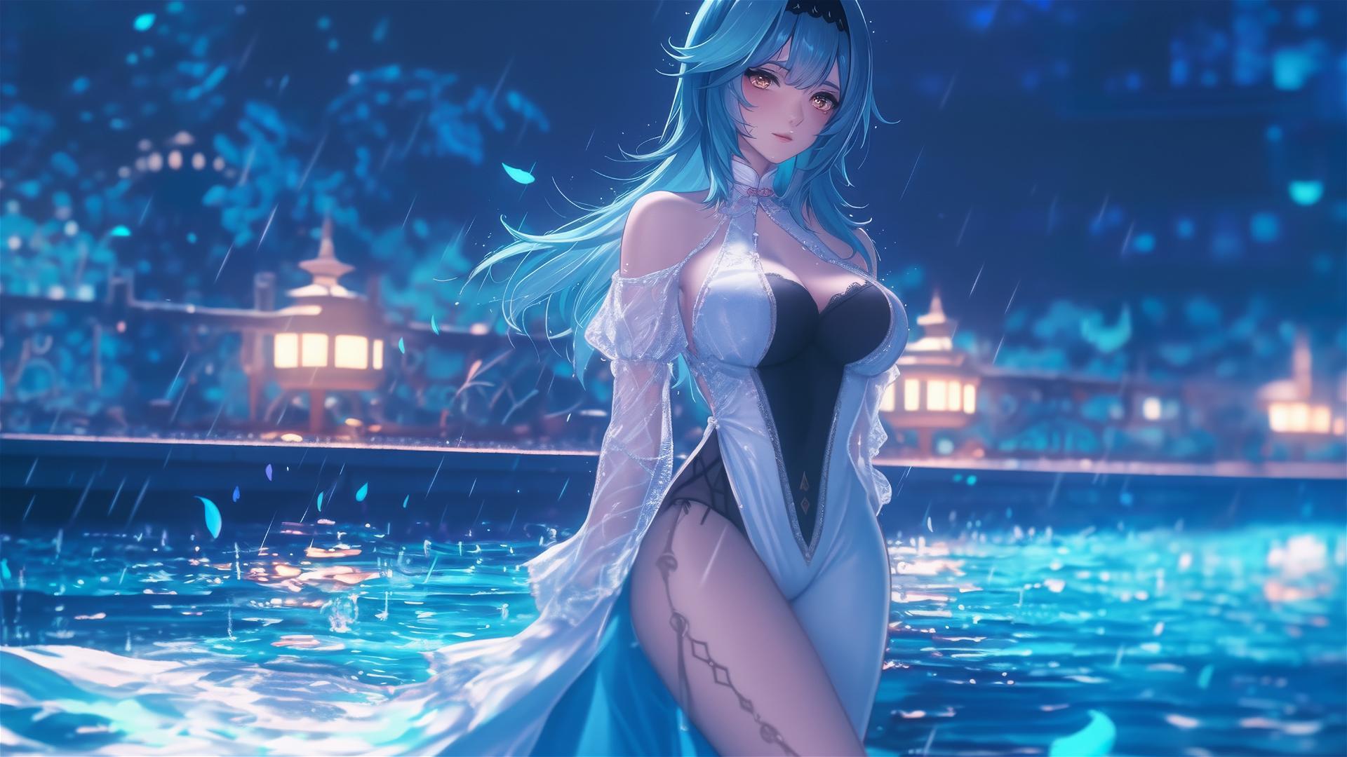 Eula Lawrence in a white dress in a rainy pool with moonlight glow.