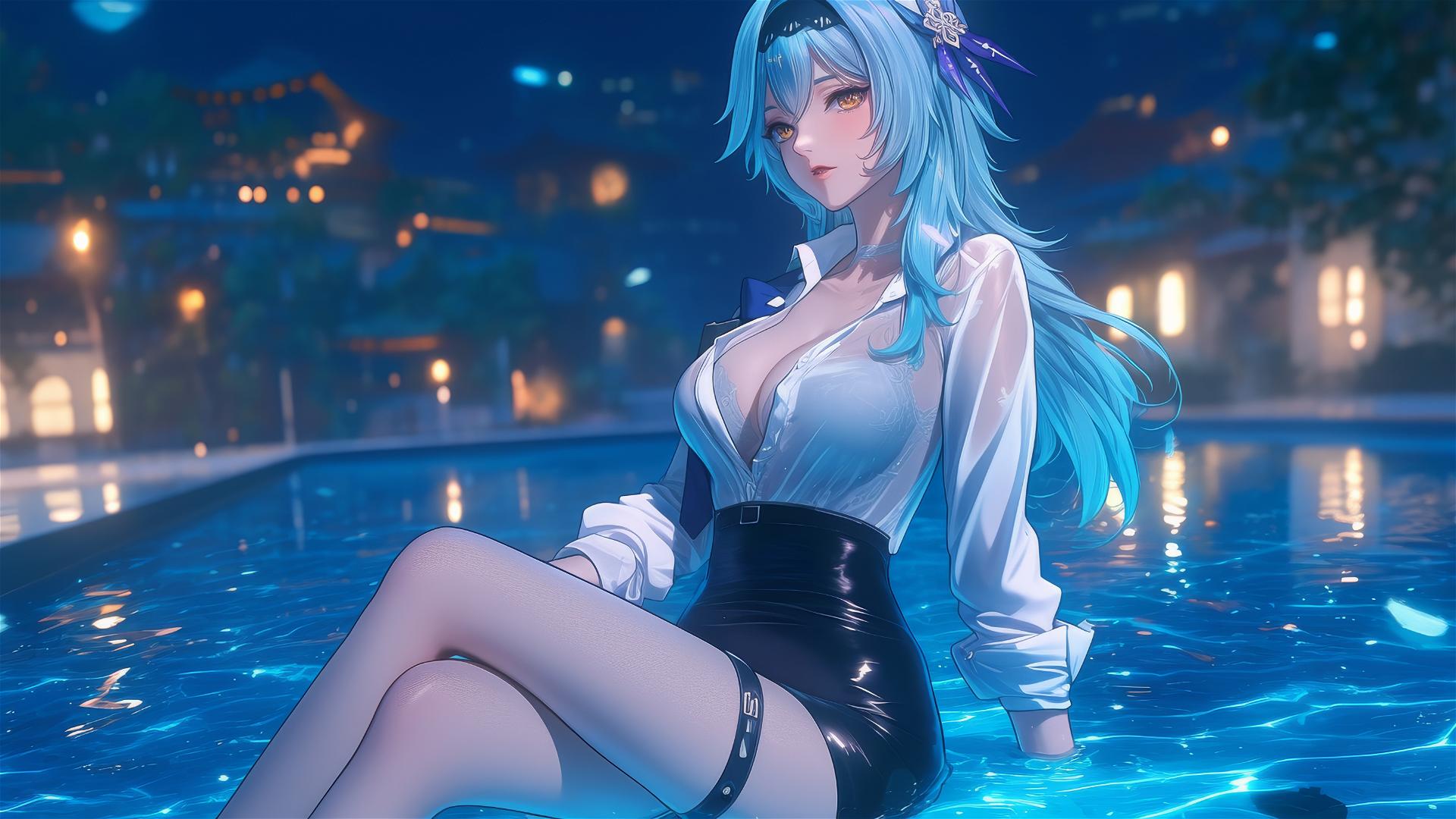 Eula Lawrence from Genshin Impact resting by a rainy pool, moonlight glow