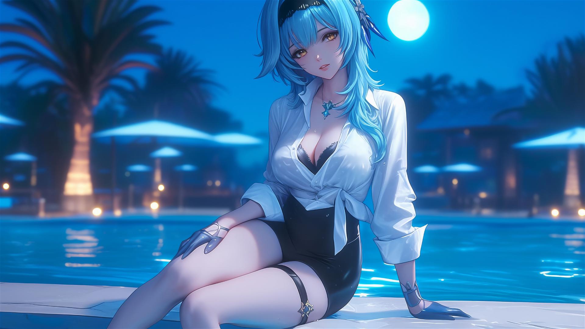 Eula Lawrence in white office shirt resting by a rainy pool with moonlight glow