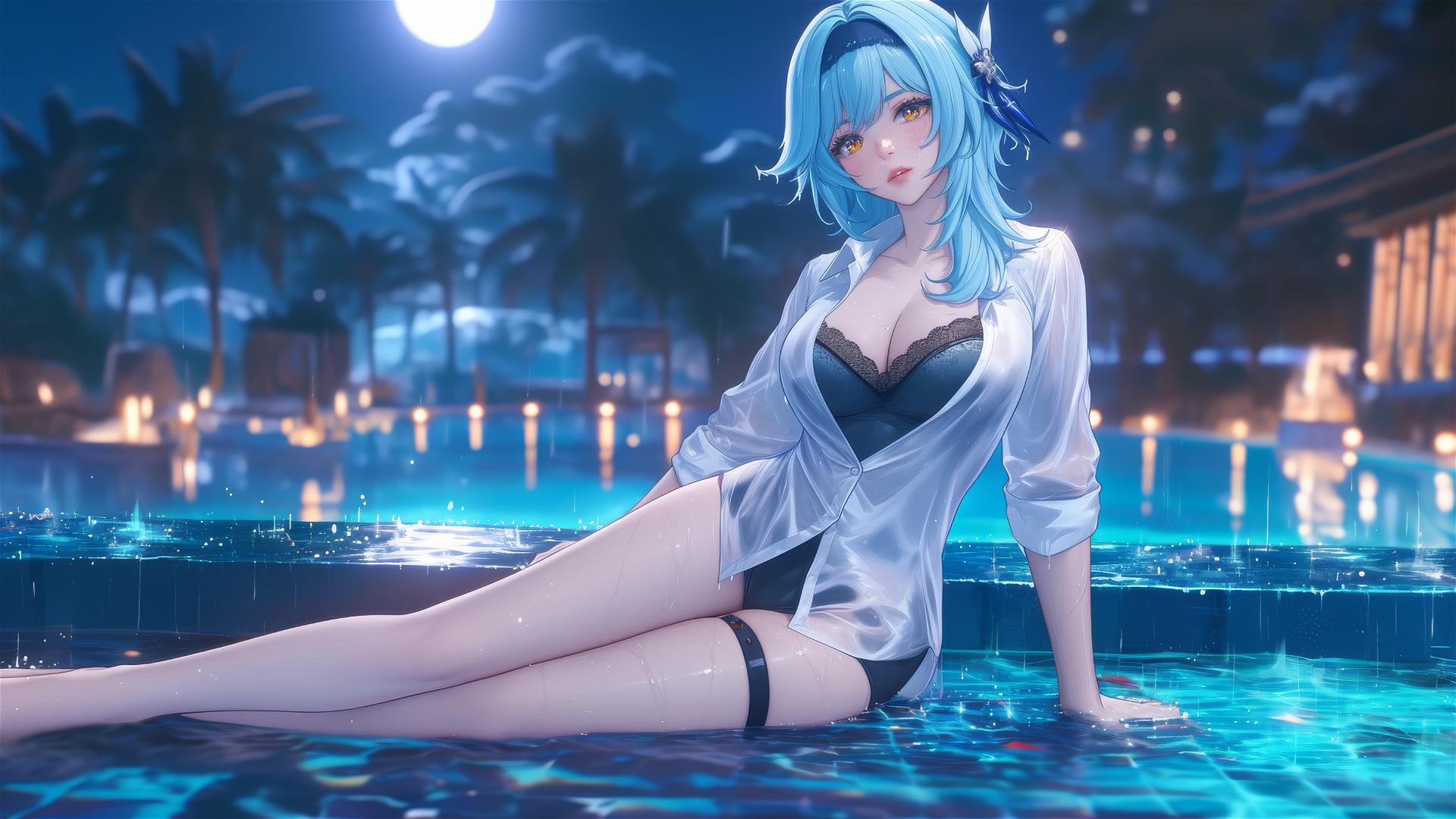Eula Lawrence in white office shirt resting by a rainy swimming pool under moonlight with light blue hair