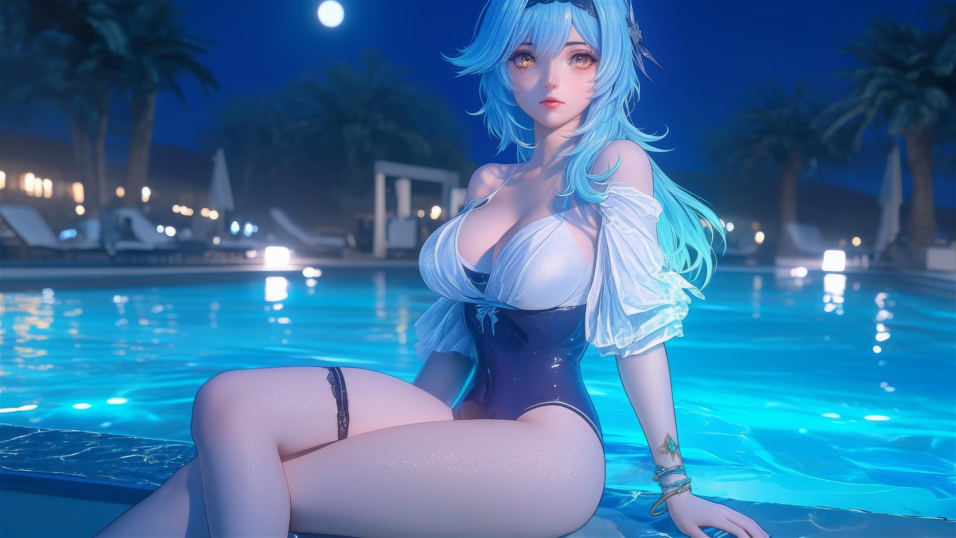 Eula Lawrence from Genshin Impact resting by a pool under moonlight, with light blue hair.