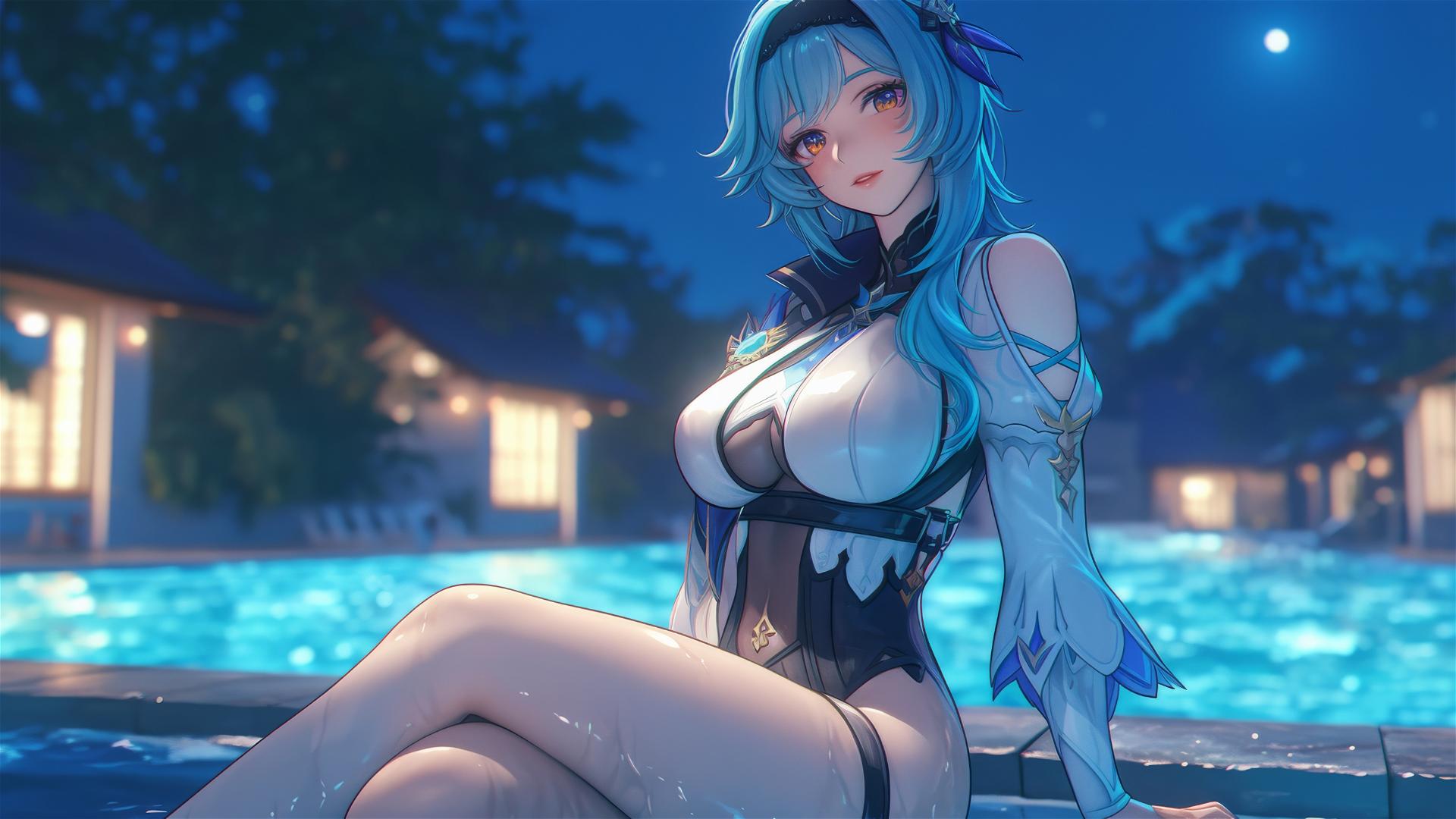 Eula Lawrence from Genshin Impact resting by the pool under moonlight