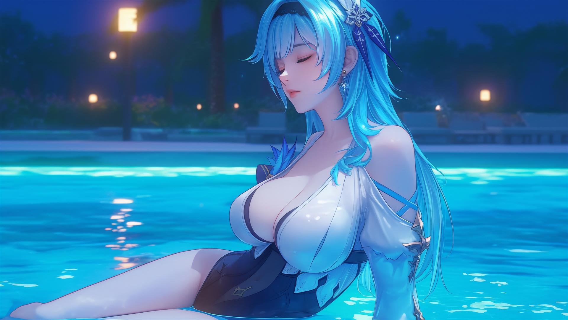 Eula Lawrence relaxing by the pool in moonlight