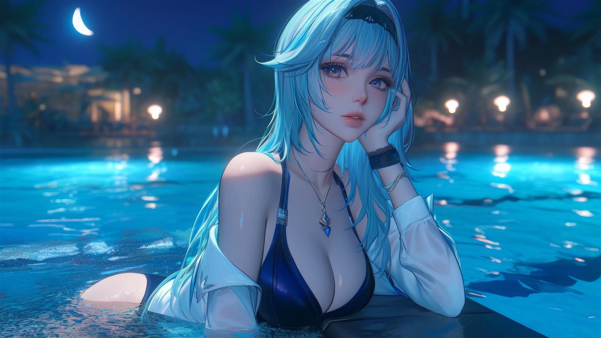 Eula Lawrence from Genshin Impact resting by a swimming pool under moonlight