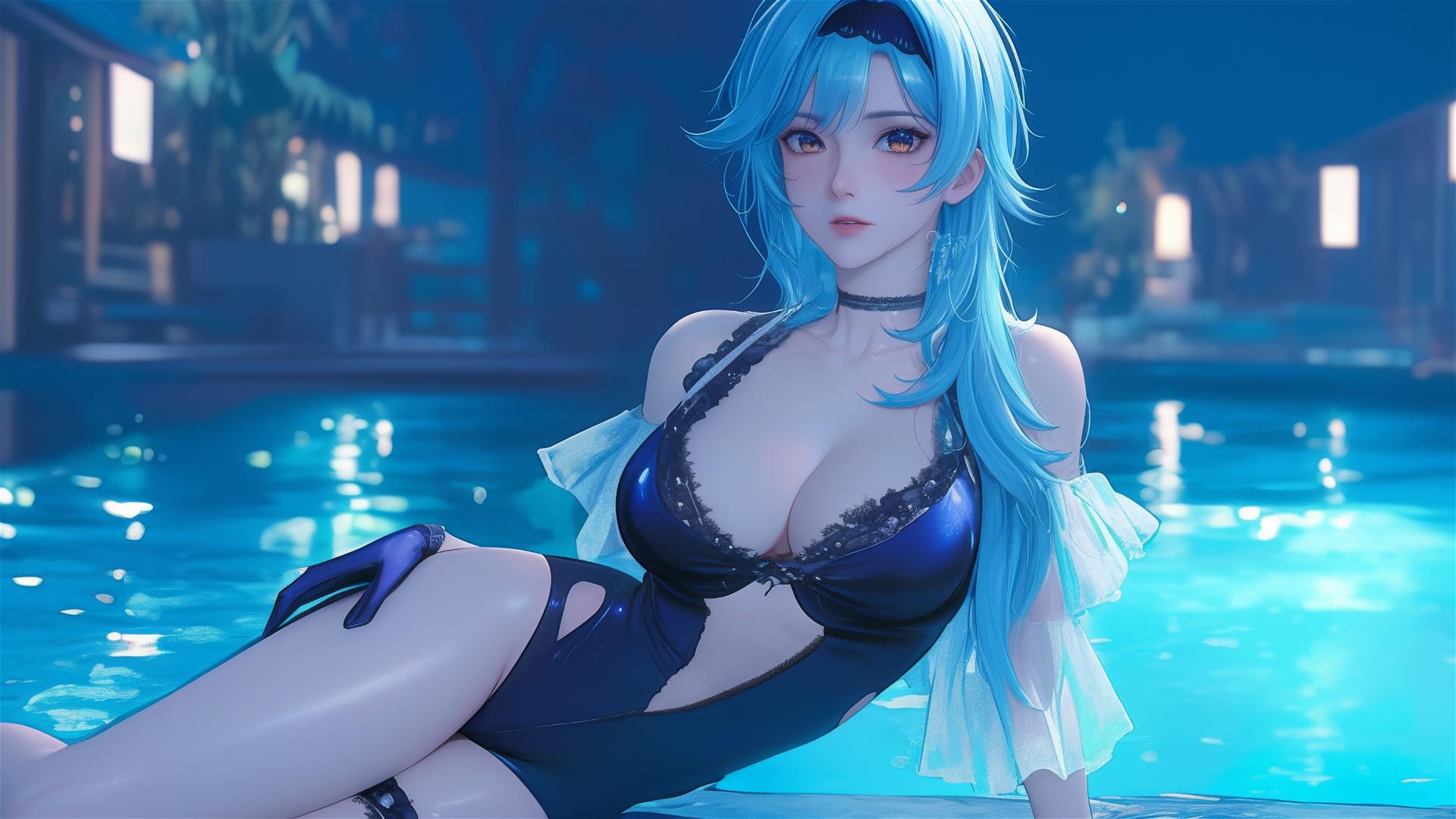 Eula Lawrence from Genshin Impact resting by a pool under moonlight
