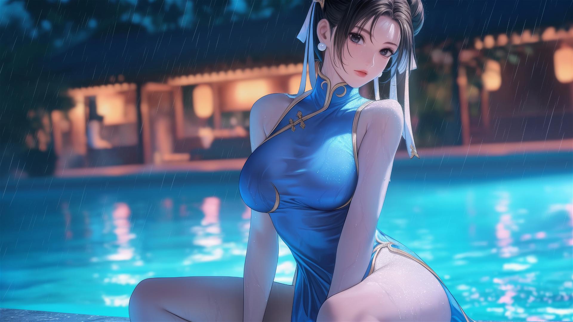 Chun Li resting by a rainy swimming pool under moonlight
