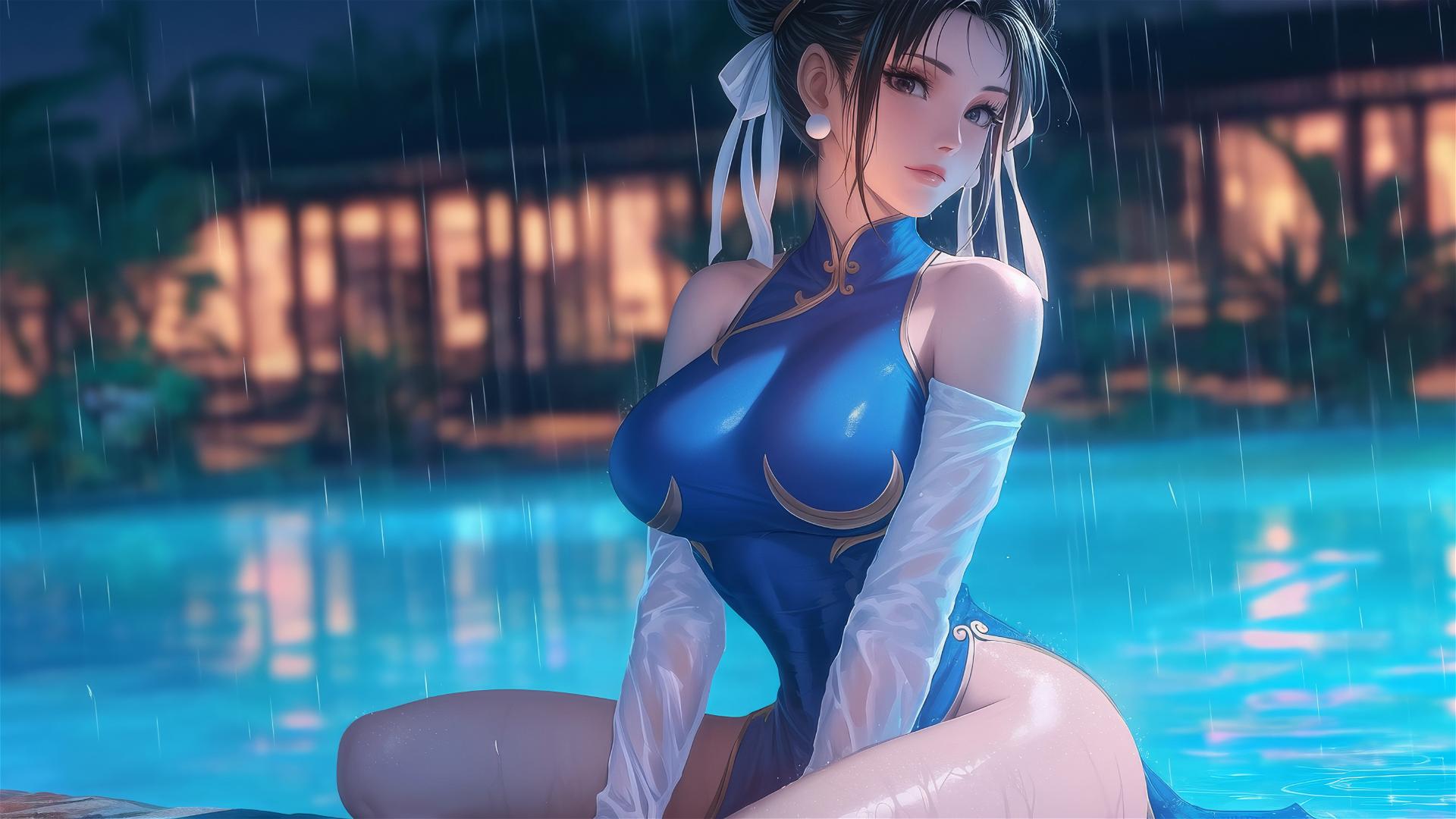 Chun Li resting by a rainy swimming pool under moonlight