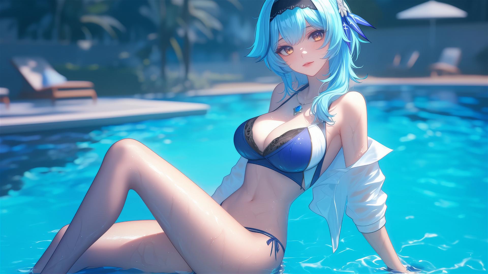 Eula Lawrence resting by a moonlit swimming pool with light blue hair