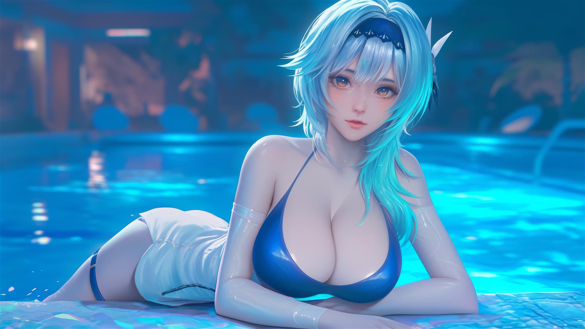 Eula Lawrence from Genshin Impact resting by a swimming pool under moonlight.