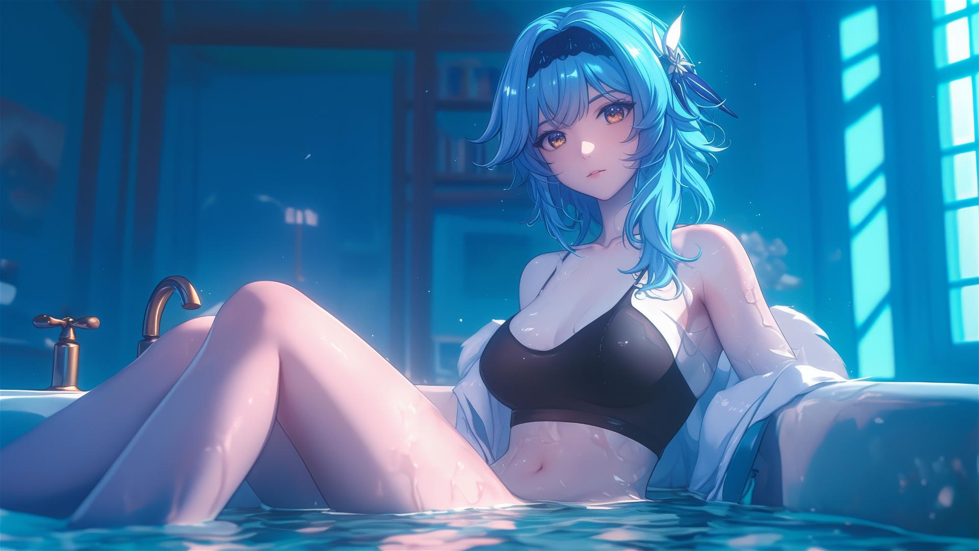 Eula Lawrence from Genshin Impact resting in a tub with moonlight glow.