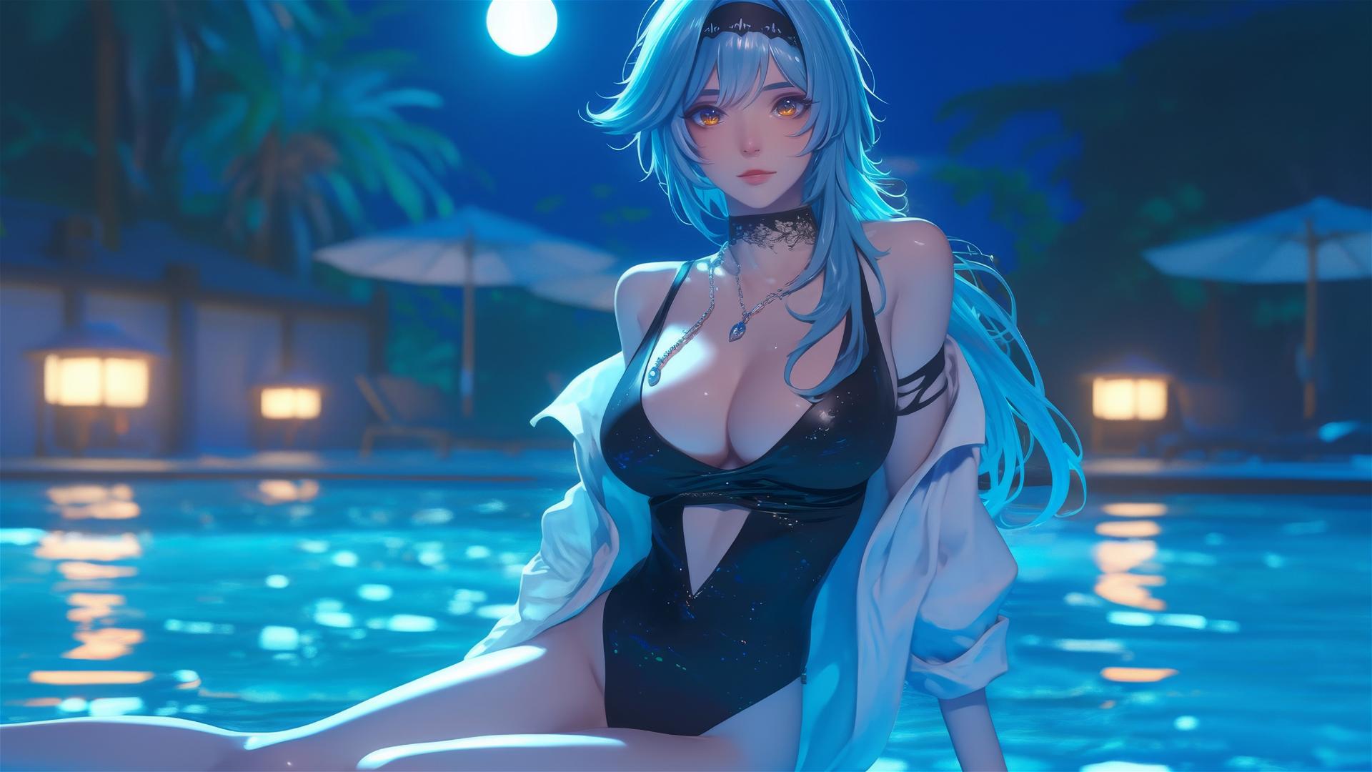 Eula Lawrence from Genshin Impact resting at a swimming pool under moonlight