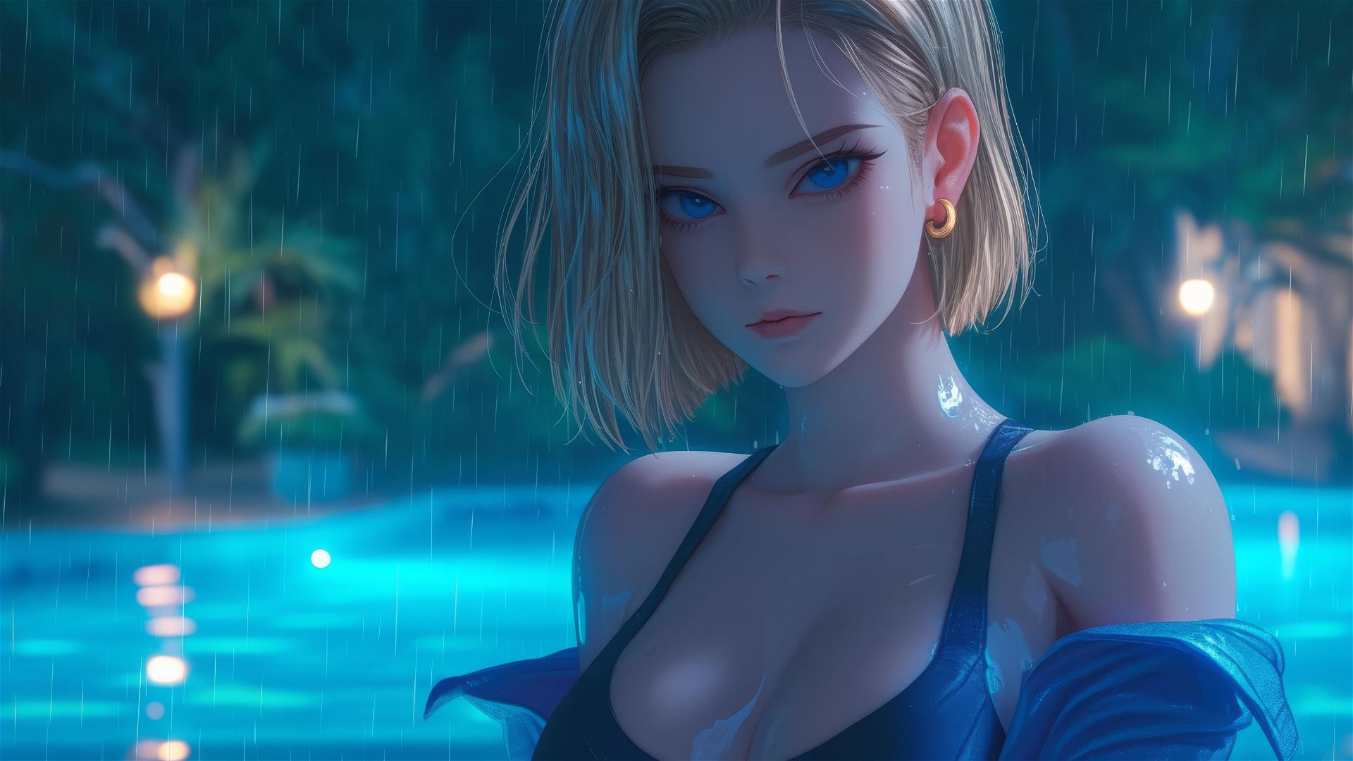Android 18 resting by a rainy swimming pool under moonlight glow