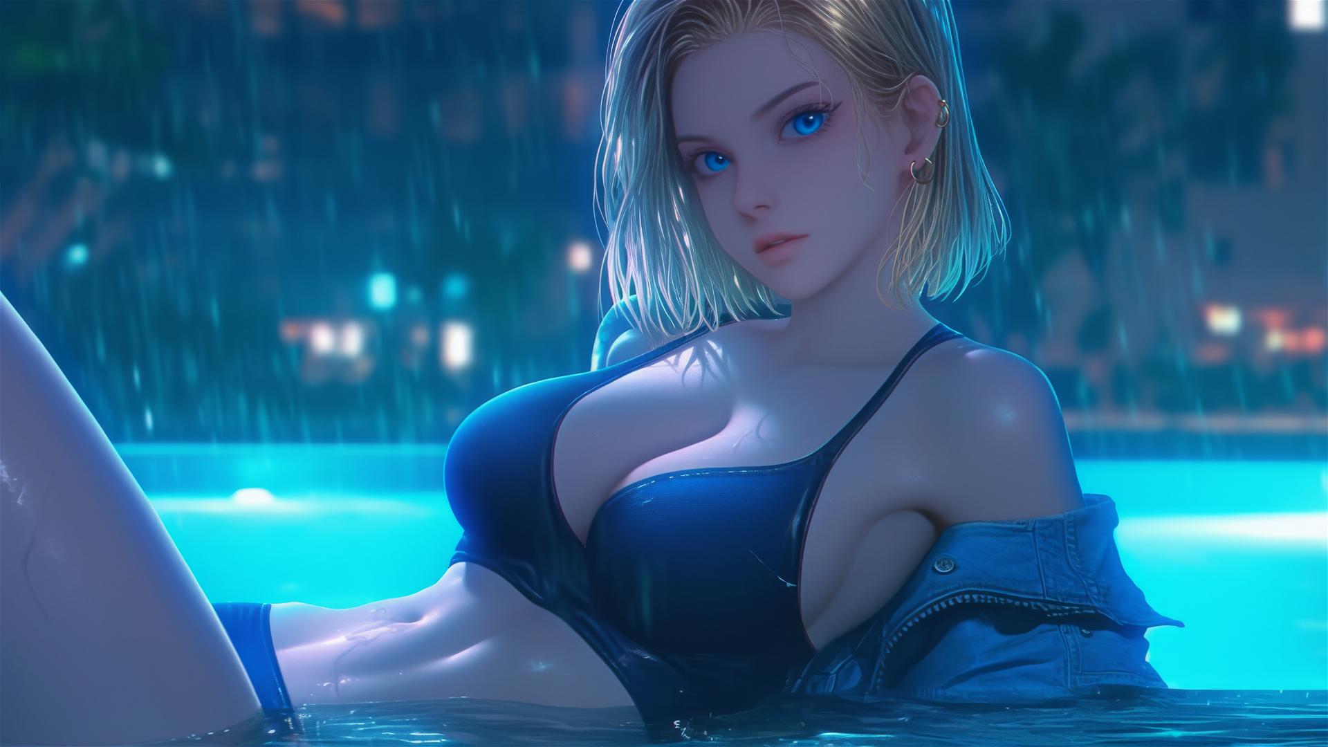 Android 18 rests by a rainy pool with moonlight glow