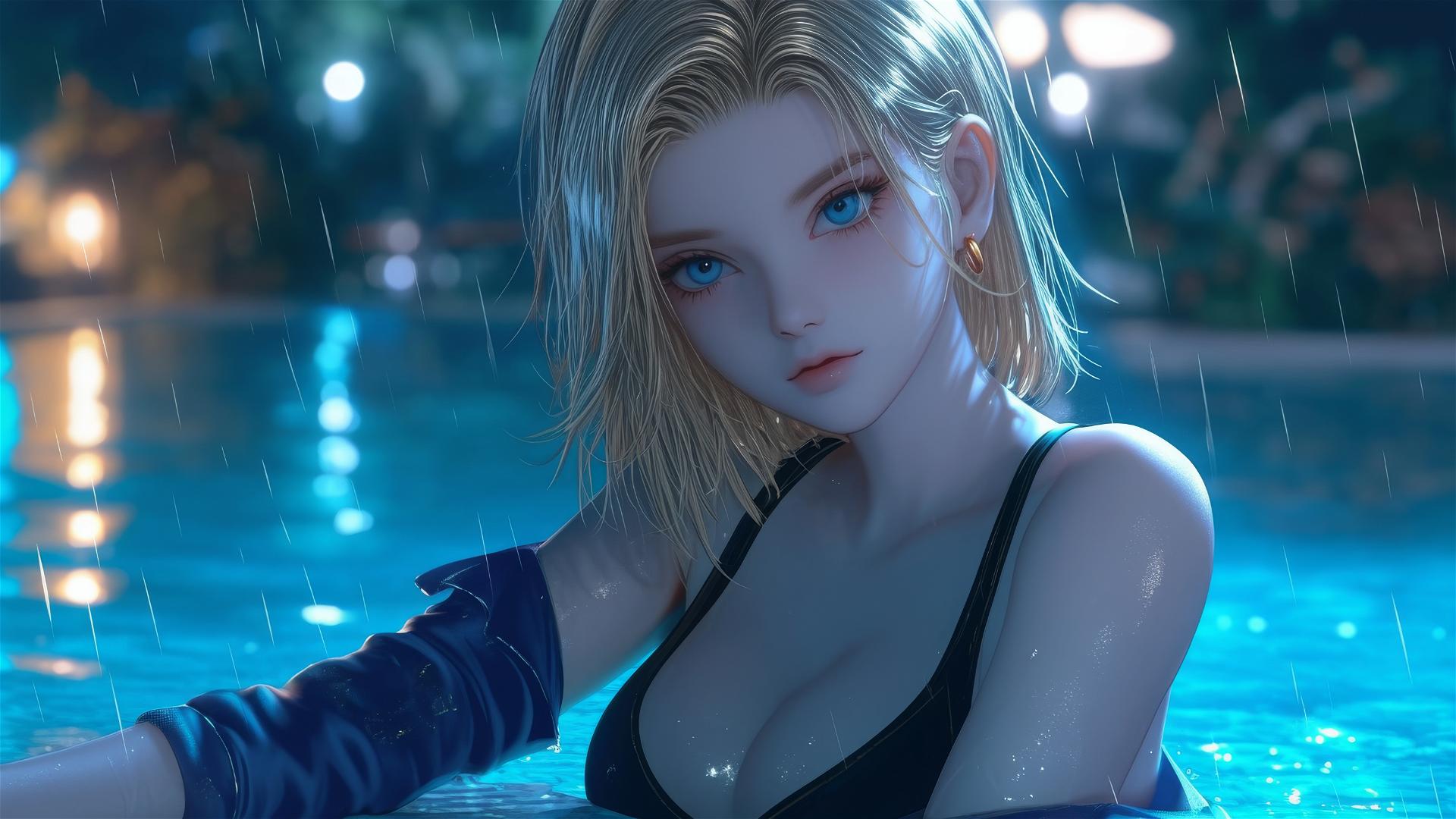 Android 18 resting by a rainy pool under moonlight