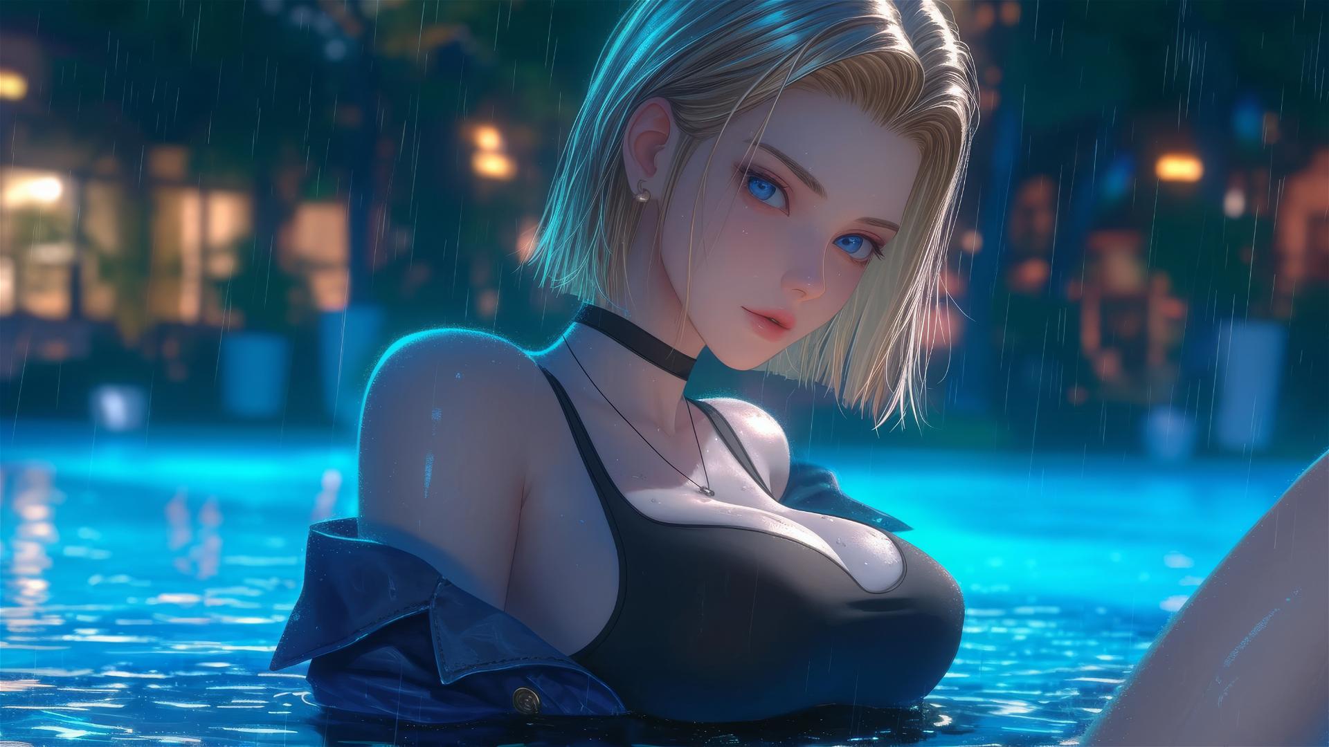 Android 18 resting by a rainy pool under moonlight