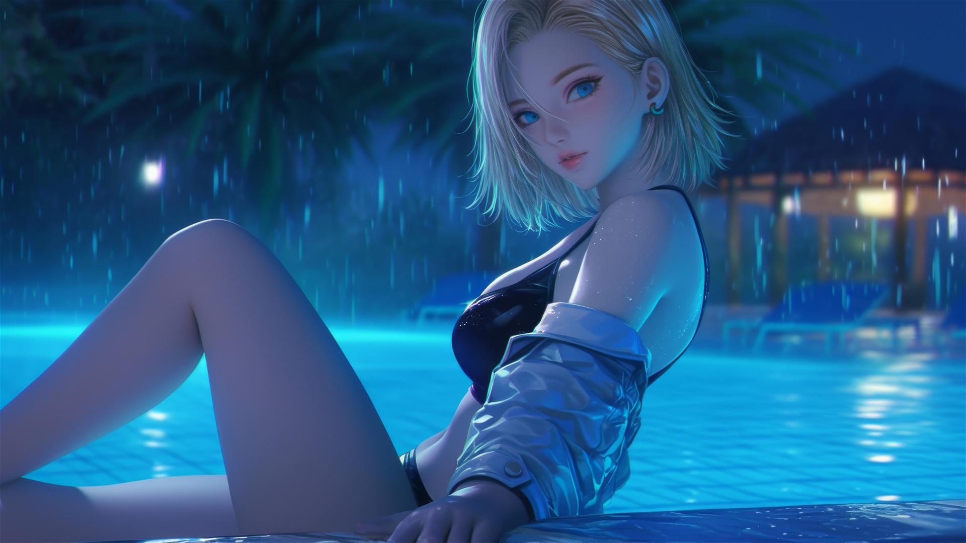 Android 18 resting by rainy pool with moonlight glow