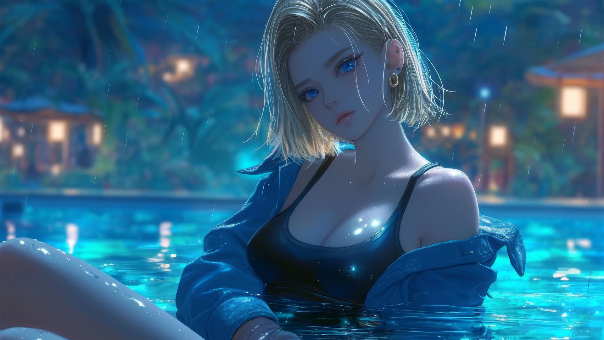 Android 18 from Dragon Ball resting by a rainy pool with moonlight glow