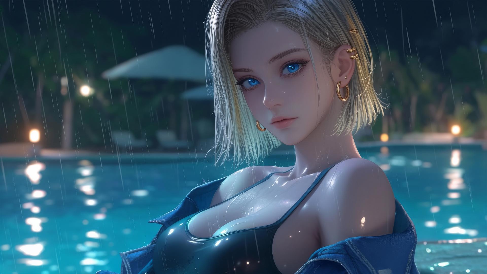 Android 18 resting by a rainy swimming pool in moonlight