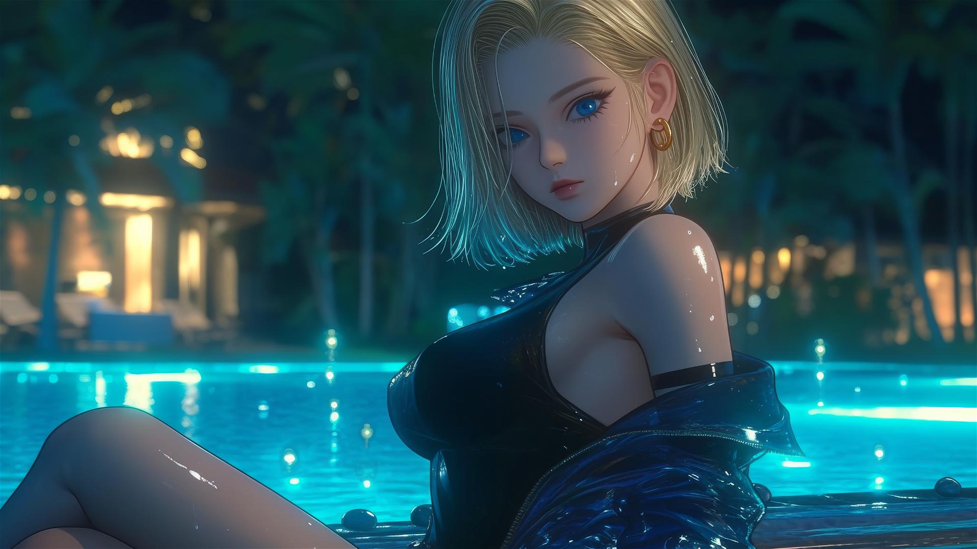 Android 18 resting by a rainy pool under moonlight