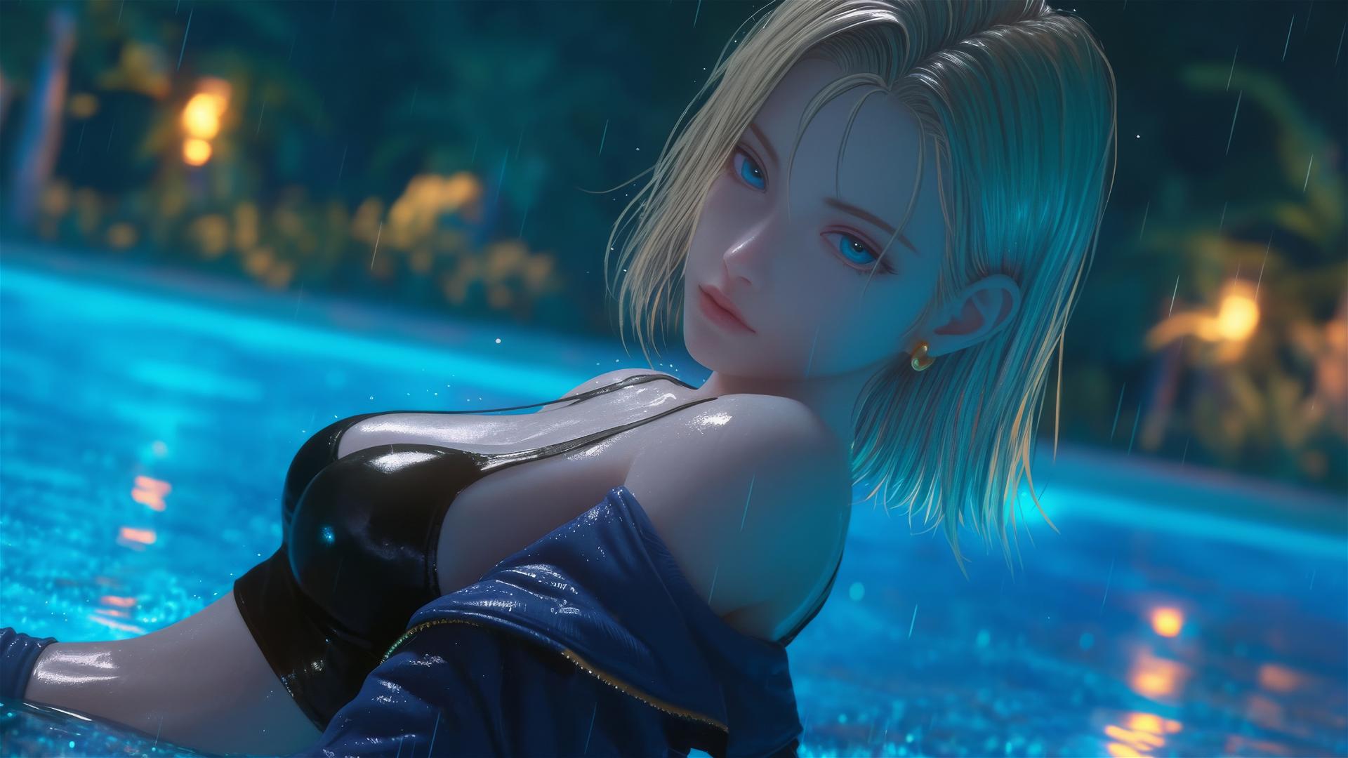 Android 18 from Dragon Ball resting by a rainy swimming pool, moonlight glow.