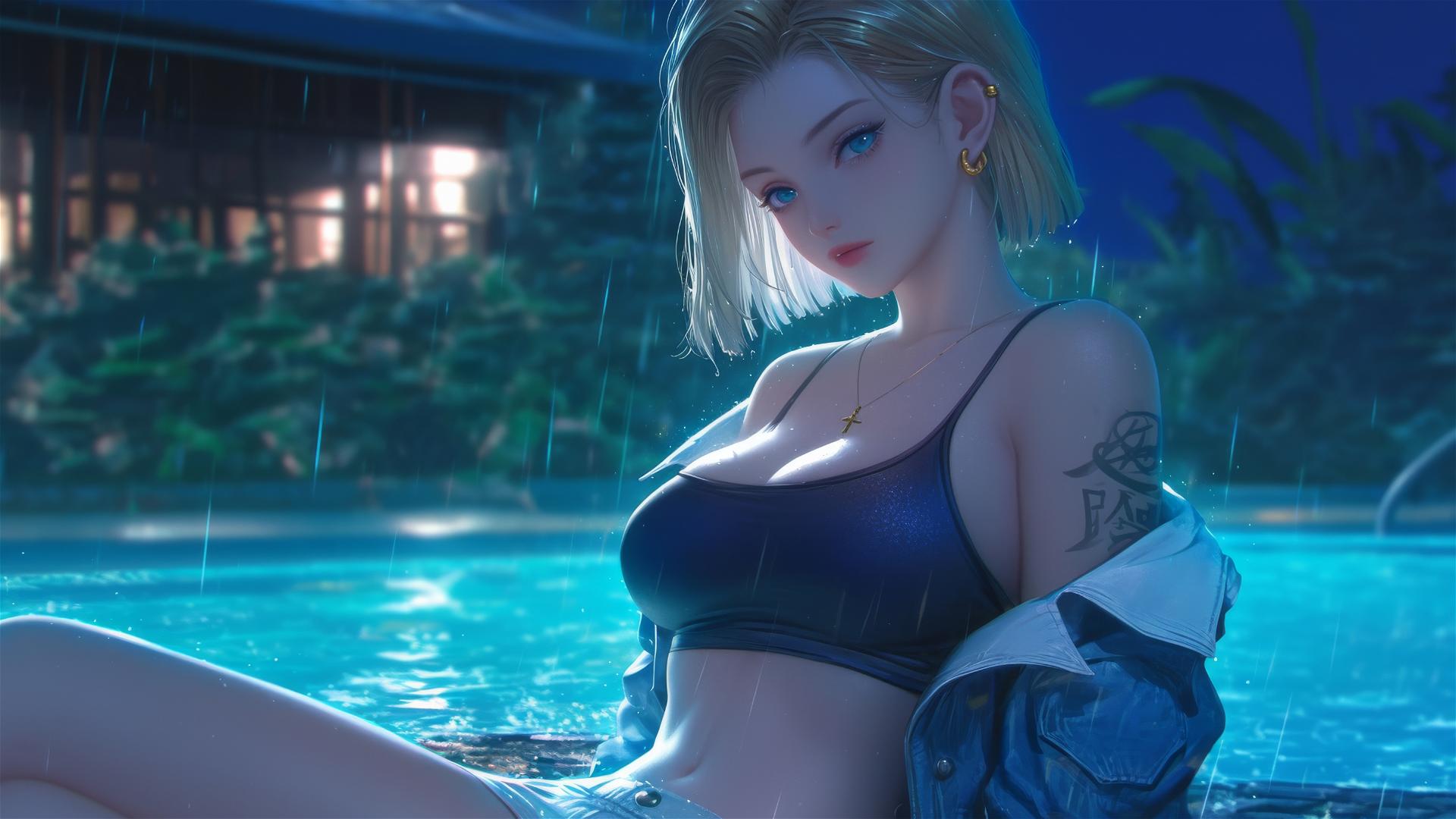 Android 18 from Dragon Ball resting by a rainy swimming pool with moonlight