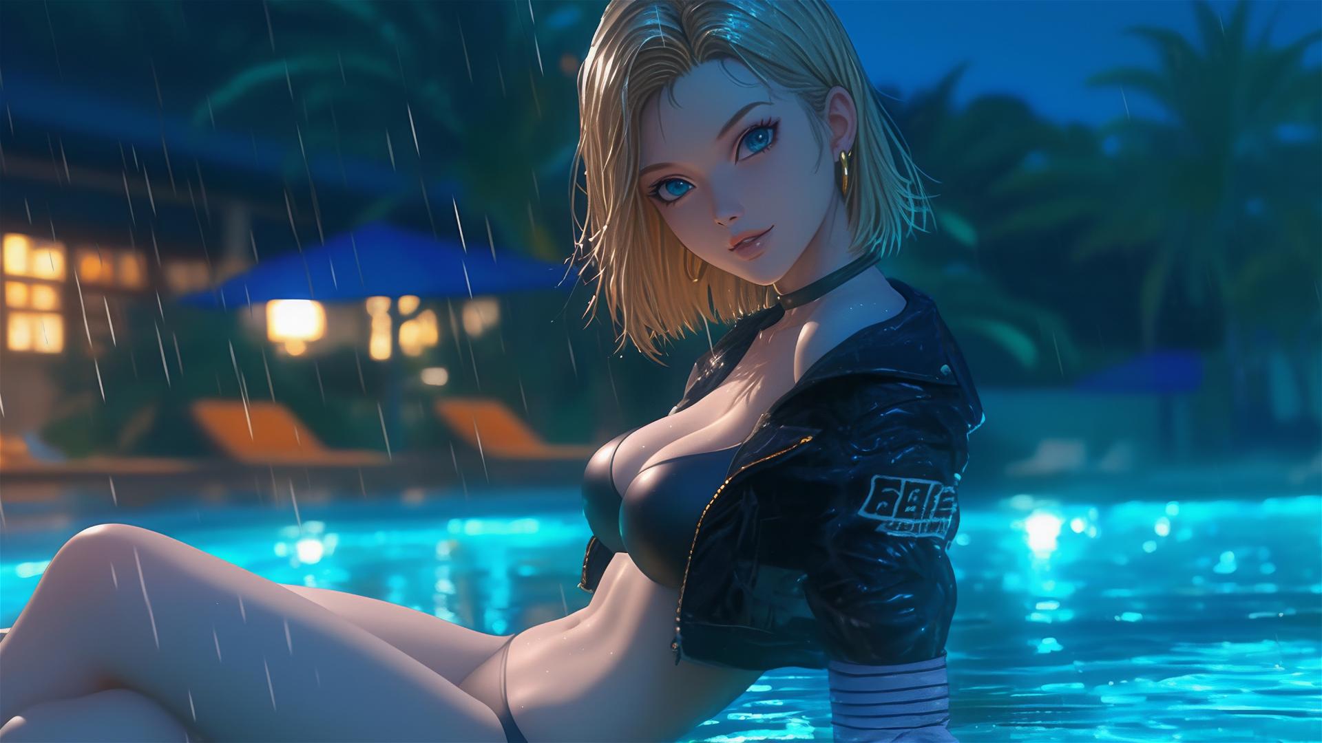 Android 18 from Dragon Ball resting by a rainy pool under moonlight.