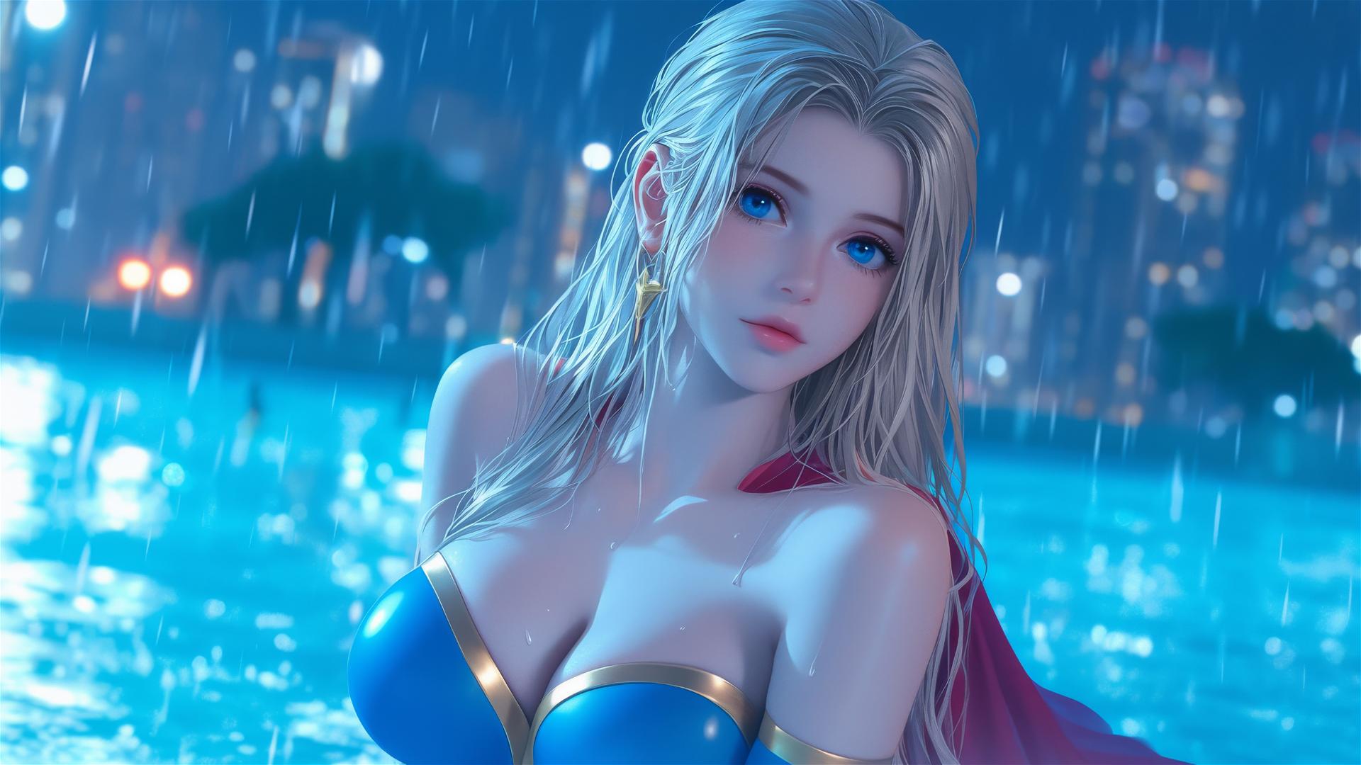 Superwoman with blonde hair resting by a rainy pool in moonlight