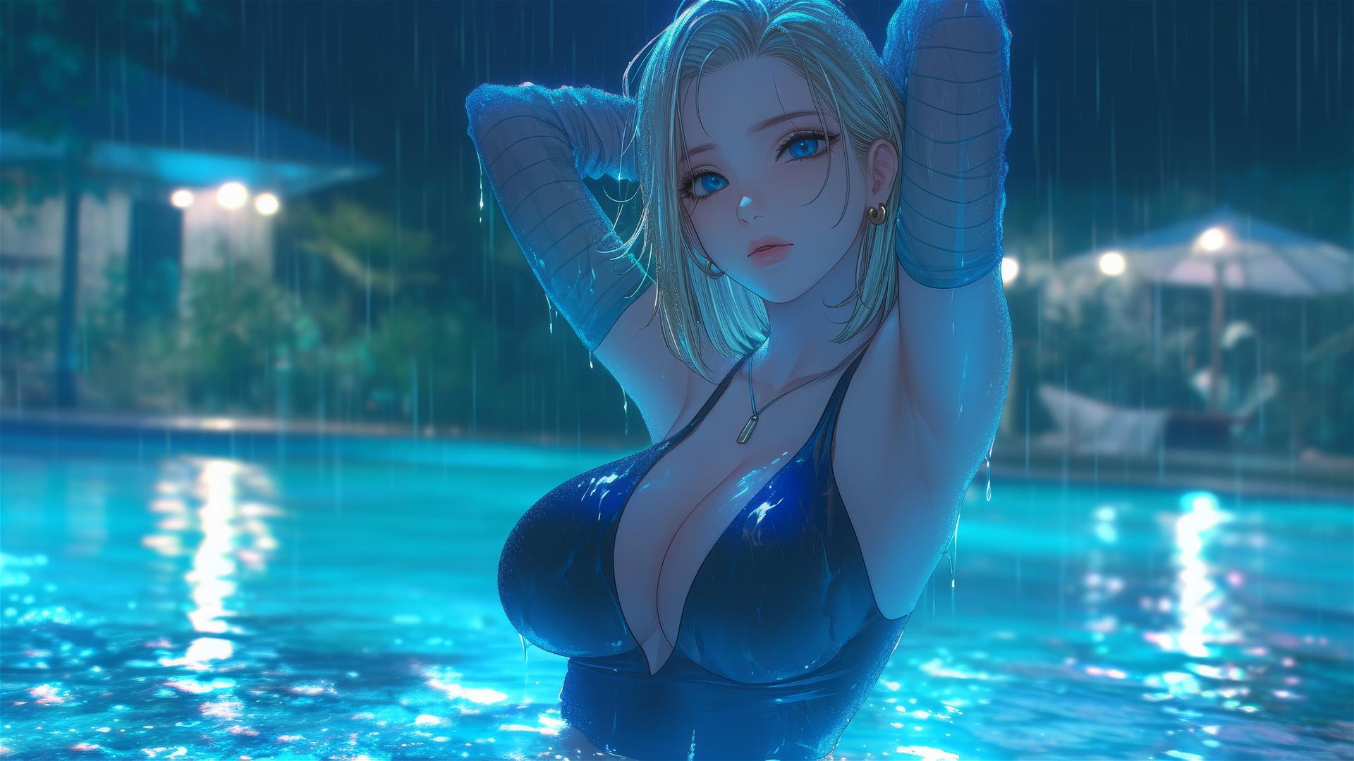 Android 18 resting by a rainy pool with moonlight glow