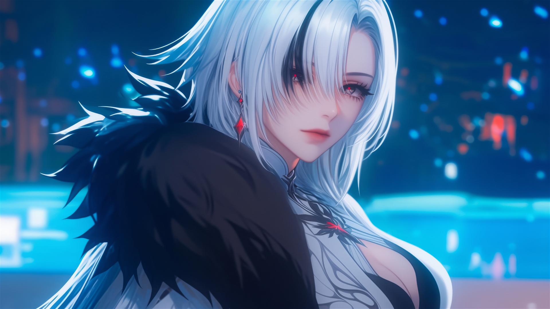 Arlecchino from Genshin Impact with snow white hair and red 'x'-shaped pupils resting by a moonlit pool.