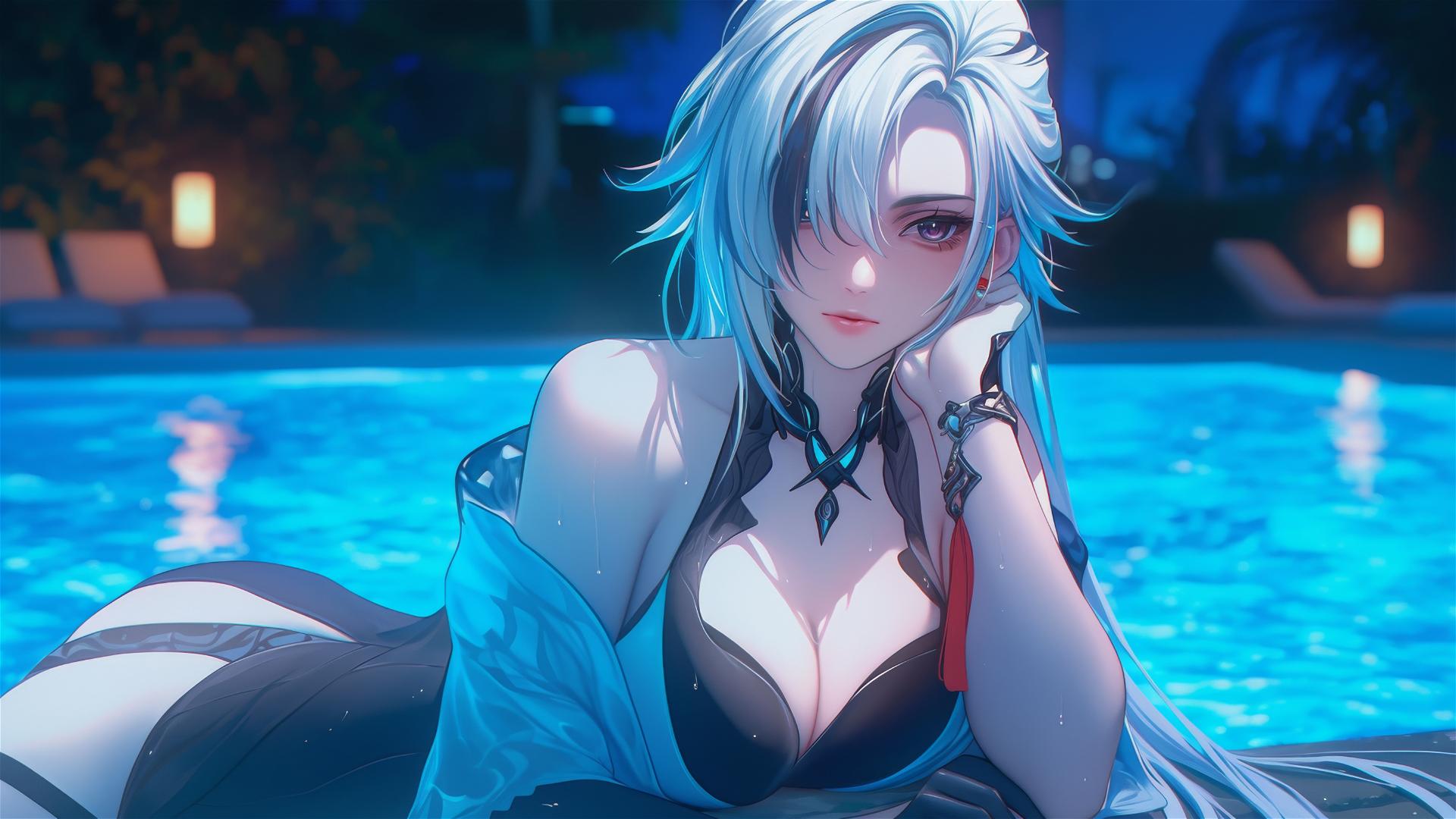 Arlecchino from Genshin Impact with snow white hair and black streaks, by the pool under moonlight