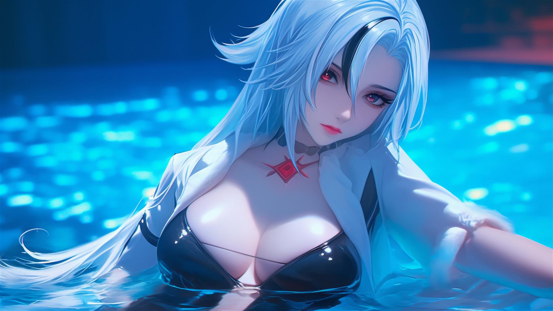 Arlecchino from Genshin Impact with snow white hair, black streaks, red X-shaped pupil eyes, by the pool in moonlight