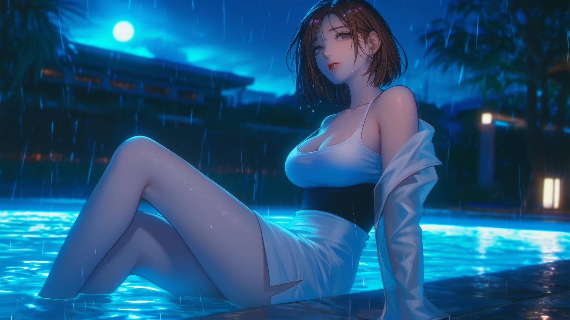 Nobara Kugisaki from Jujutsu Kaisen resting by a rainy swimming pool under moonlight