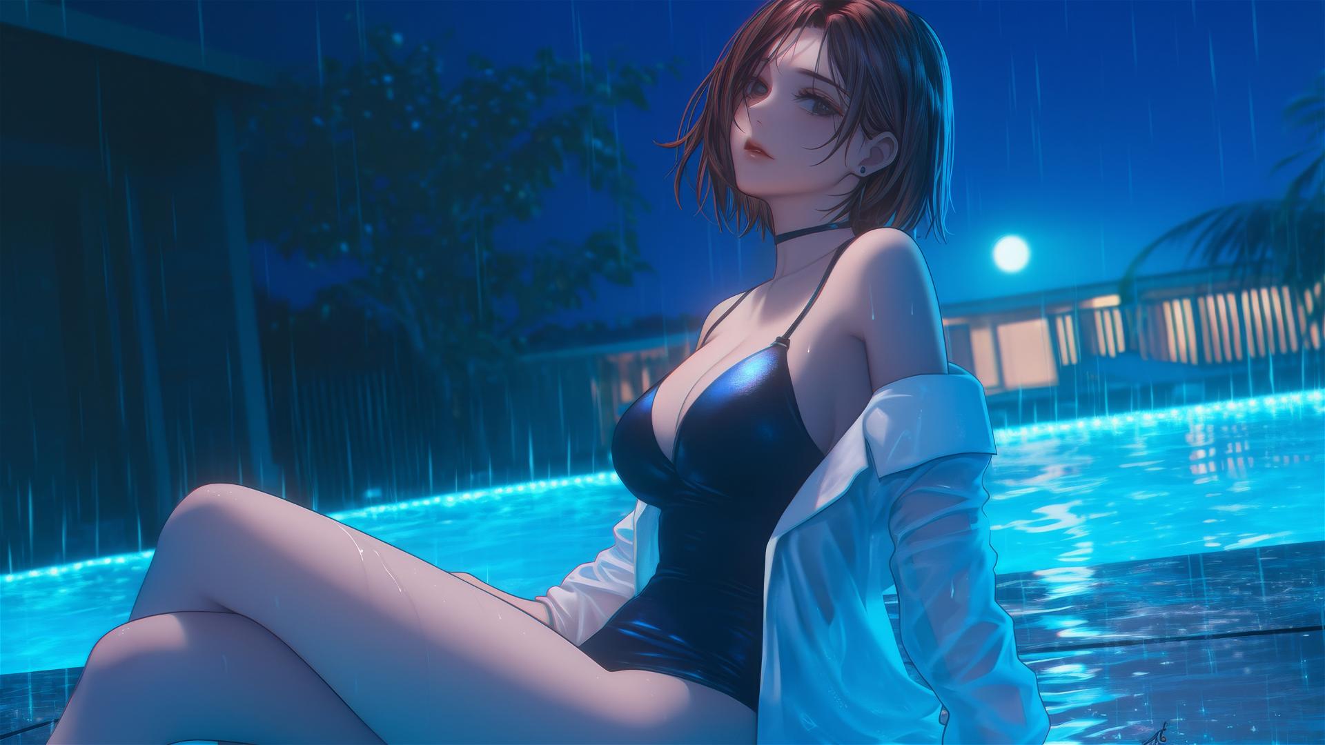 Nobara Kugisaki resting by rainy pool under moonlight