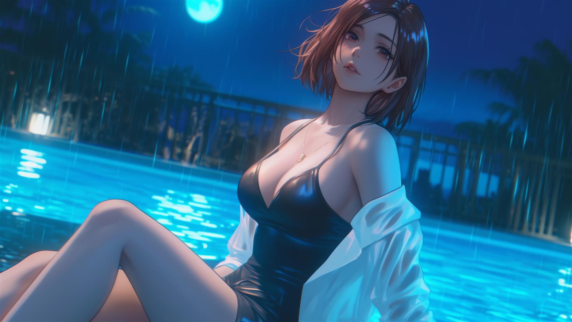 Nobara Kugisaki from Jujutsu Kaisen, resting by a rainy swimming pool under moonlight.