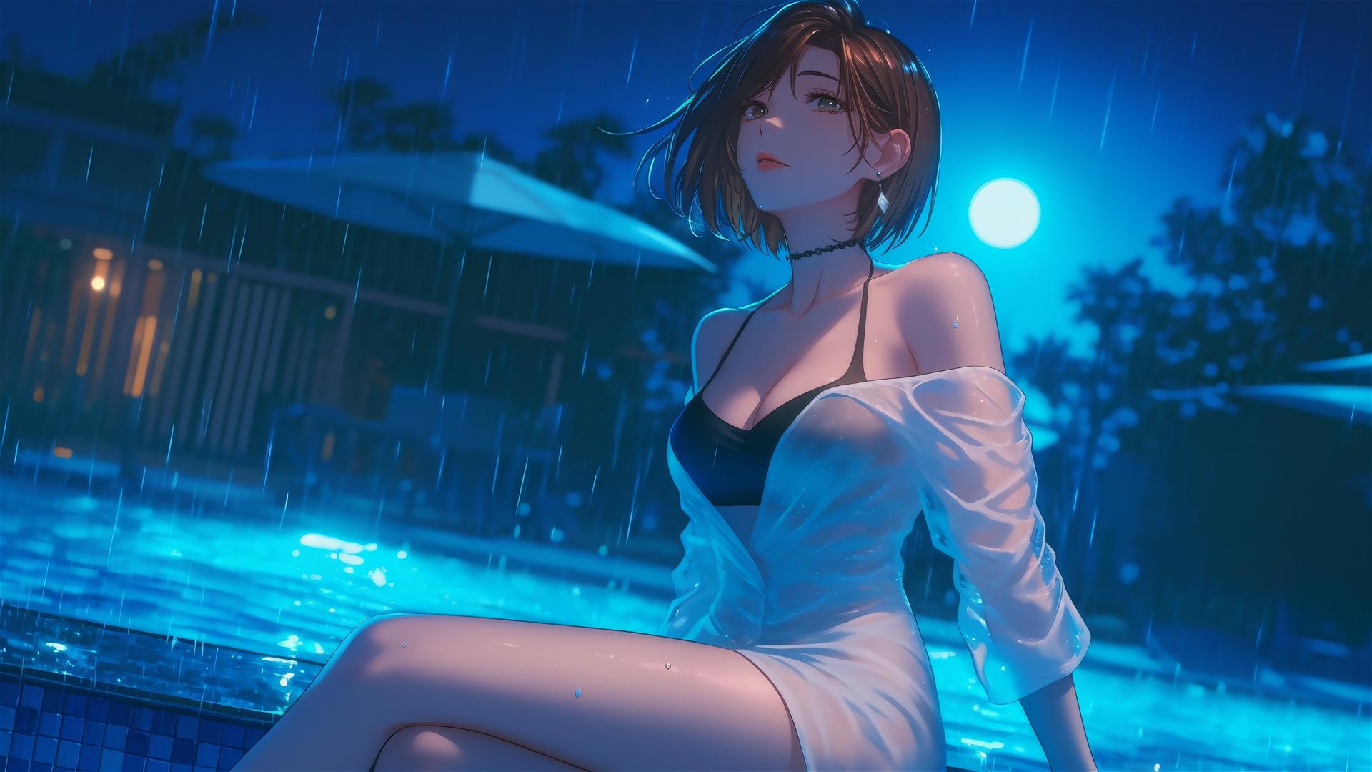 Nobara Kugisaki resting by a rainy swimming pool under soft moonlight