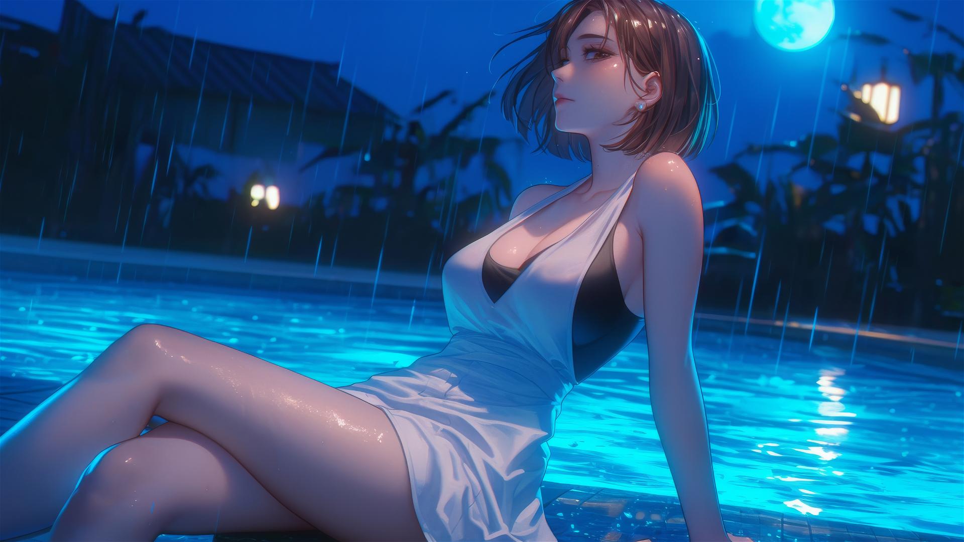 Nobara Kugisaki resting by a rainy pool under moonlight