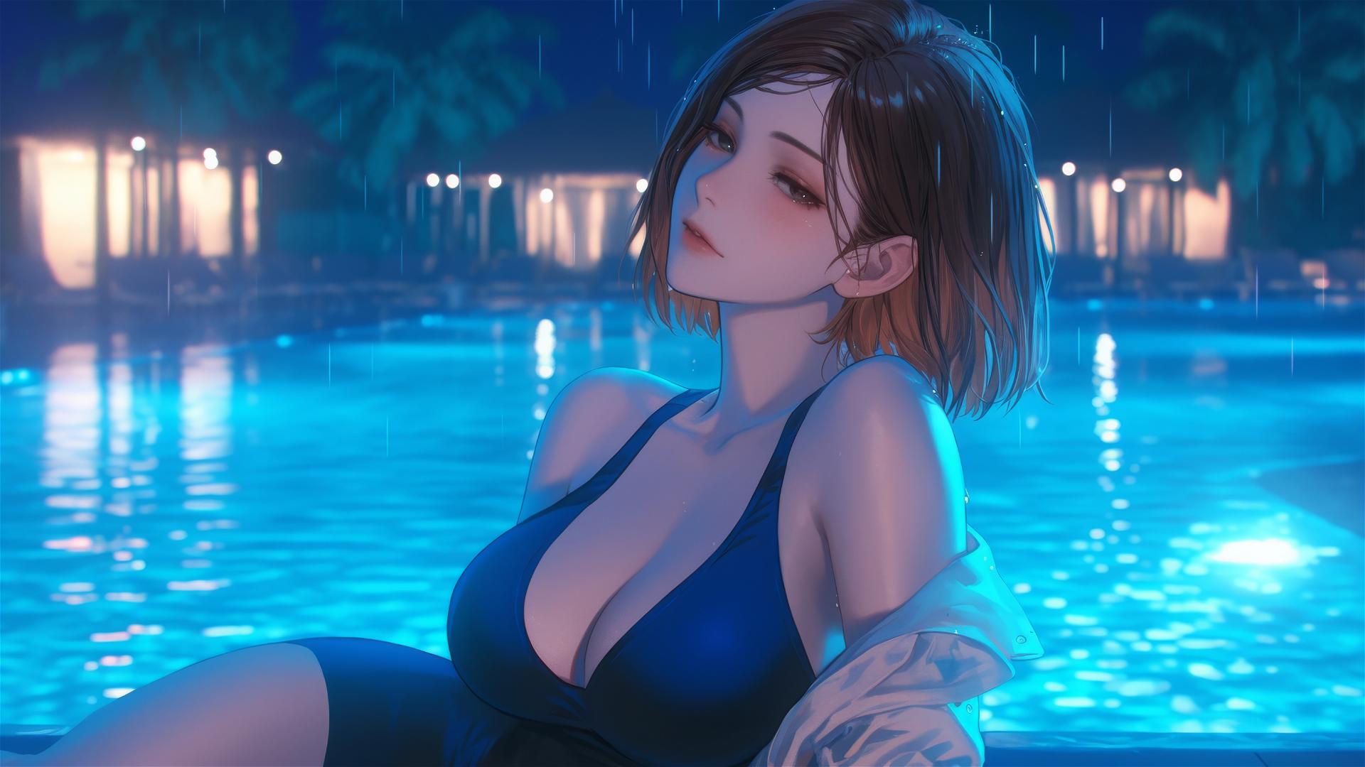 Nobara Kugisaki relaxing by a rainy swimming pool with moonlight glow