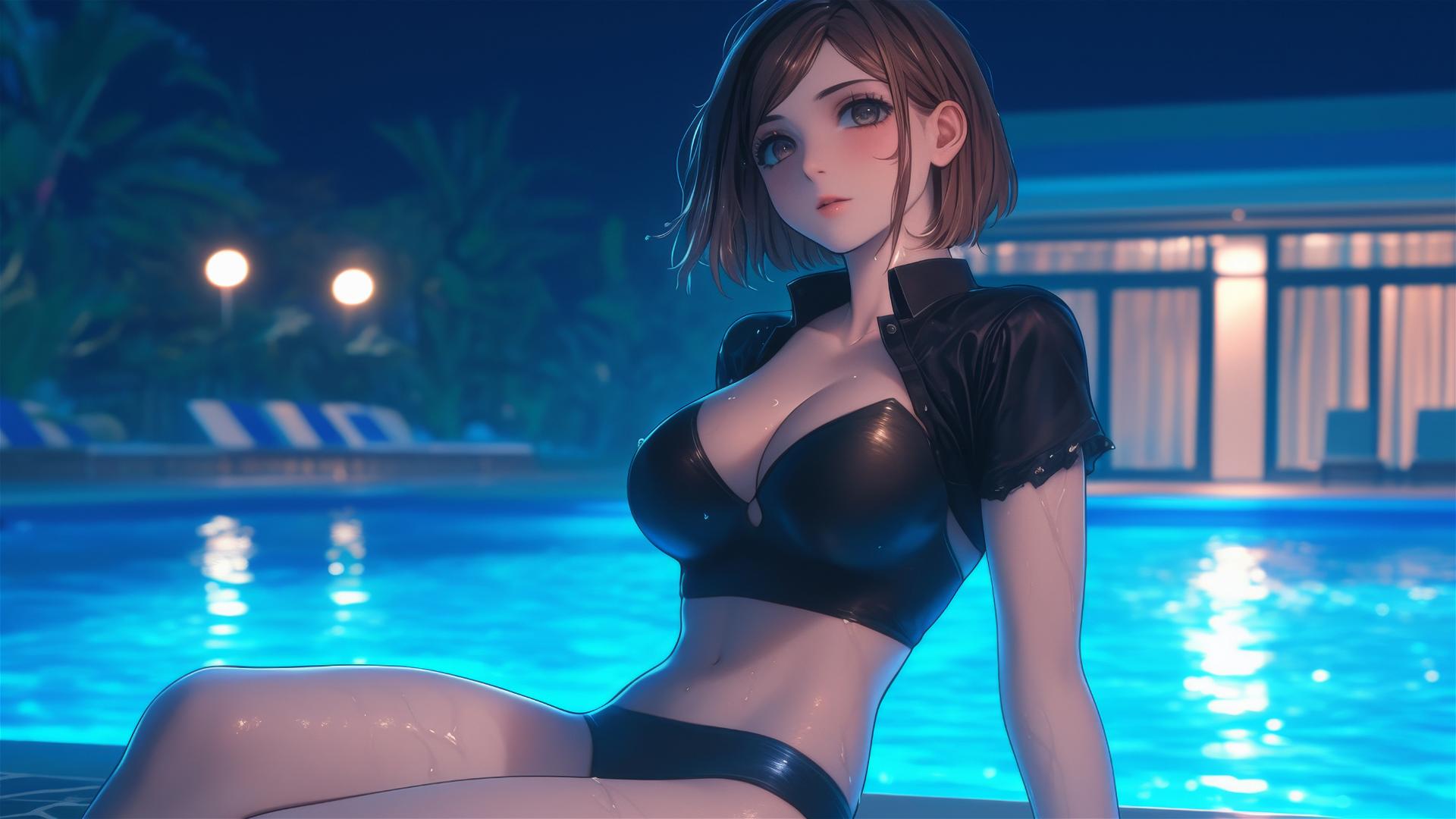 Nobara Kugisaki from Jujutsu Kaisen resting by a rainy pool under moonlight.