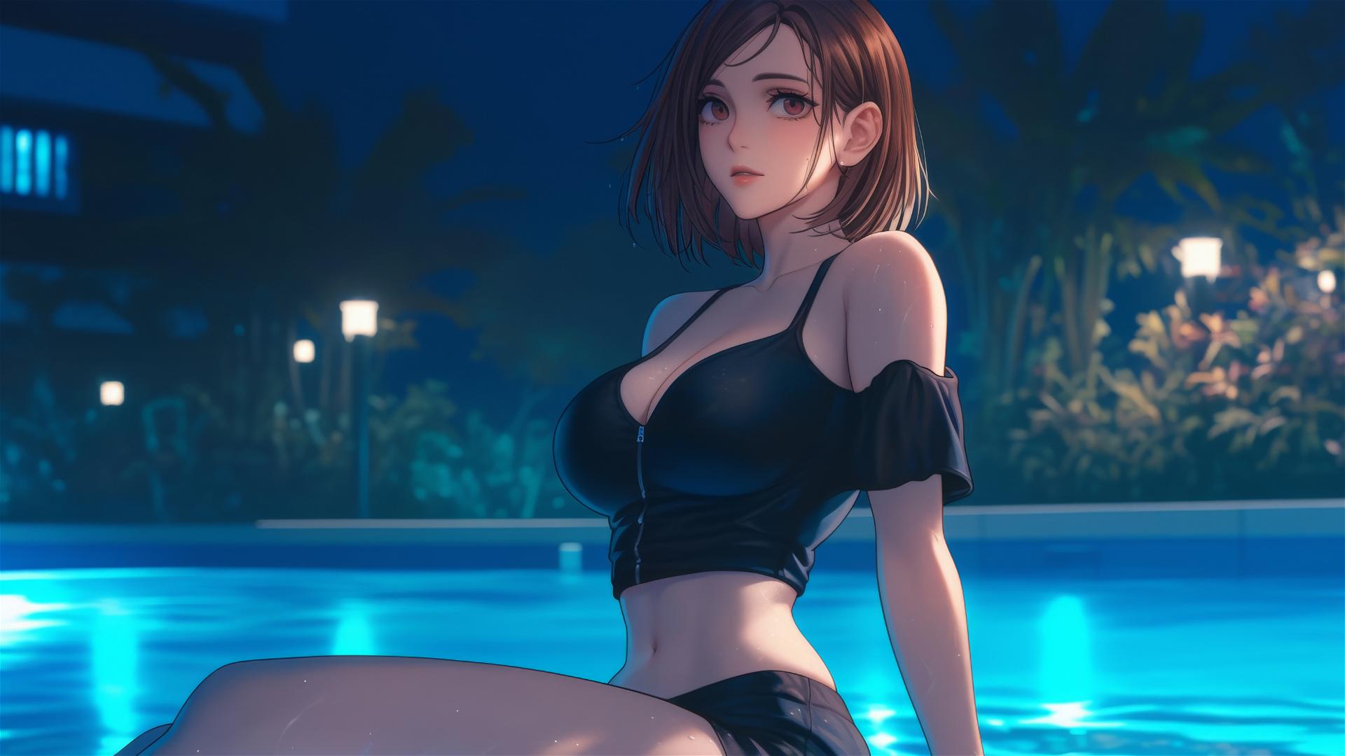 Nobara Kugisaki rests by a rainy pool under moonlight