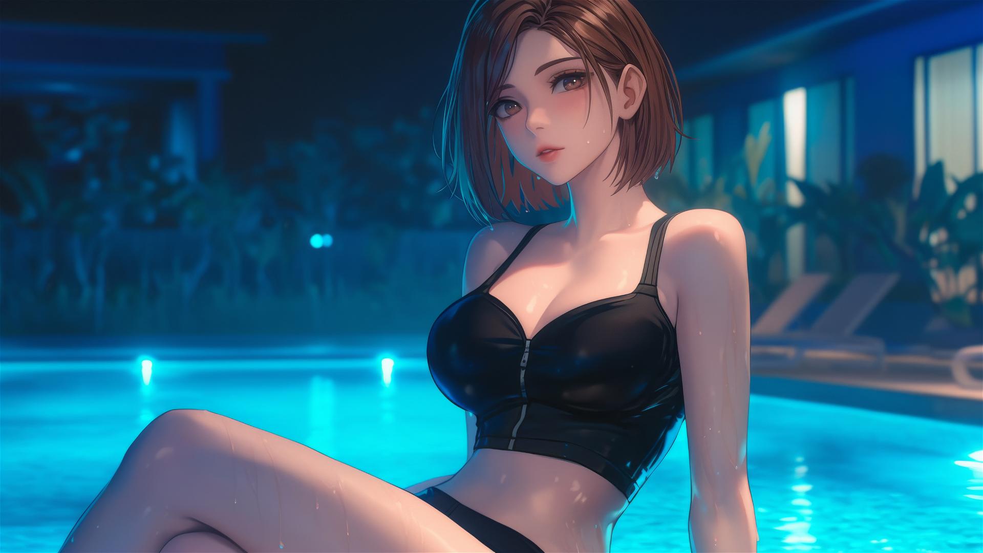Nobara Kugisaki resting by a rainy pool under moonlight
