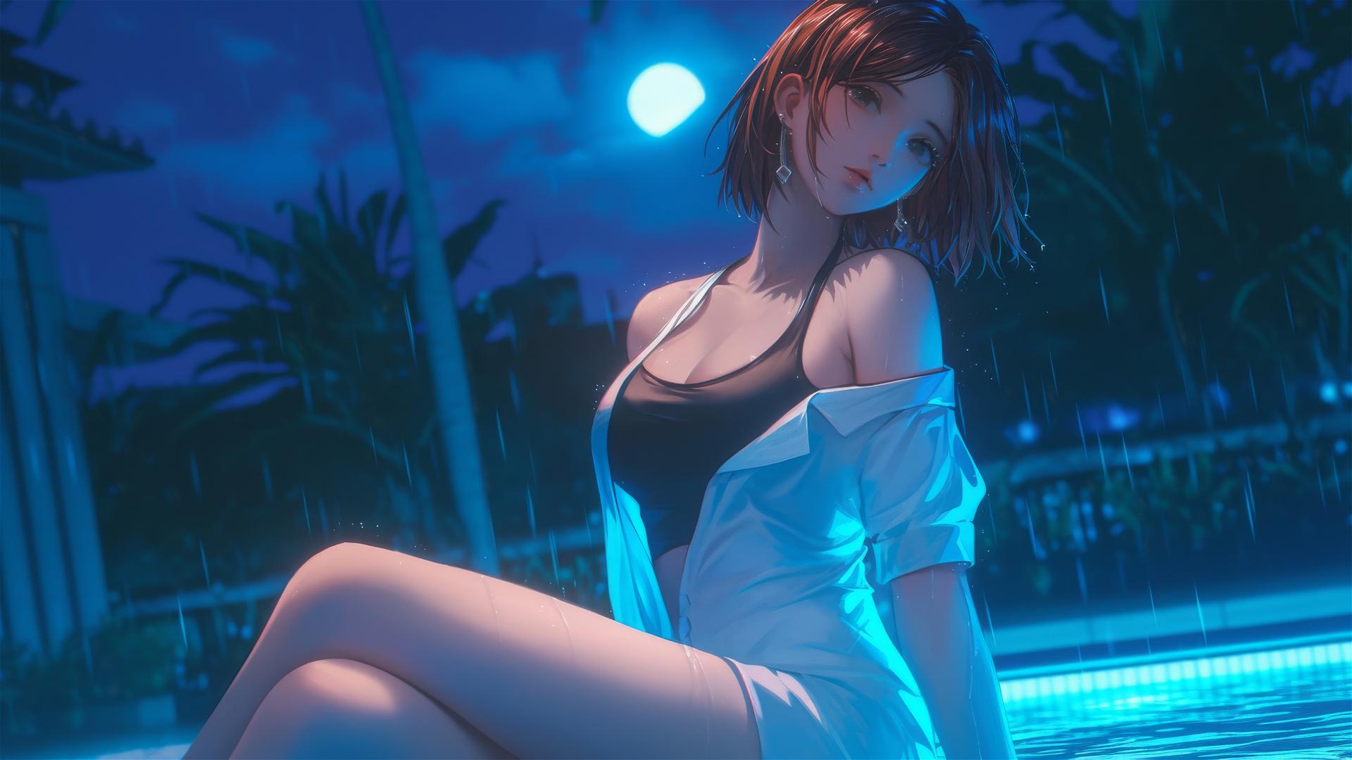Nobara Kugisaki resting by the rainy pool in moonlight