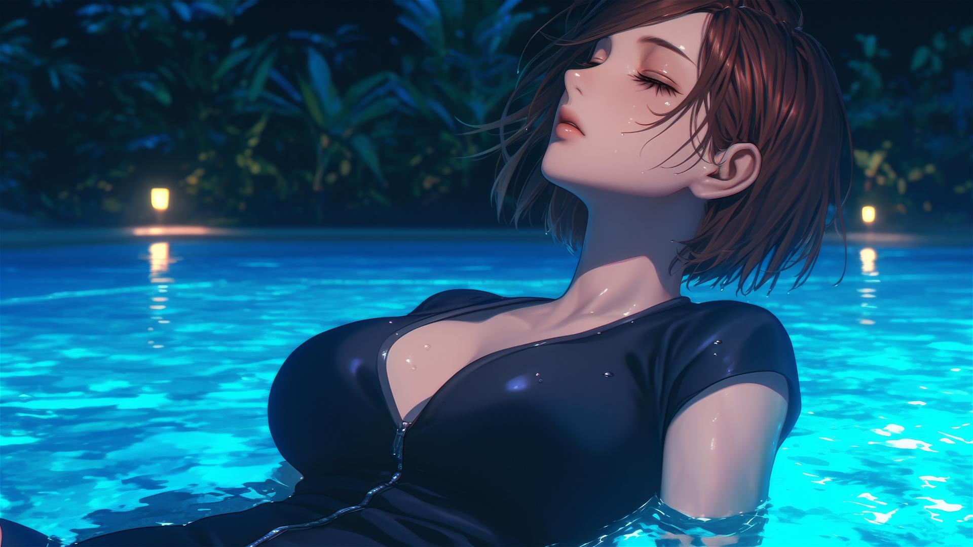 Nobara Kugisaki resting by a rainy pool under moonlight