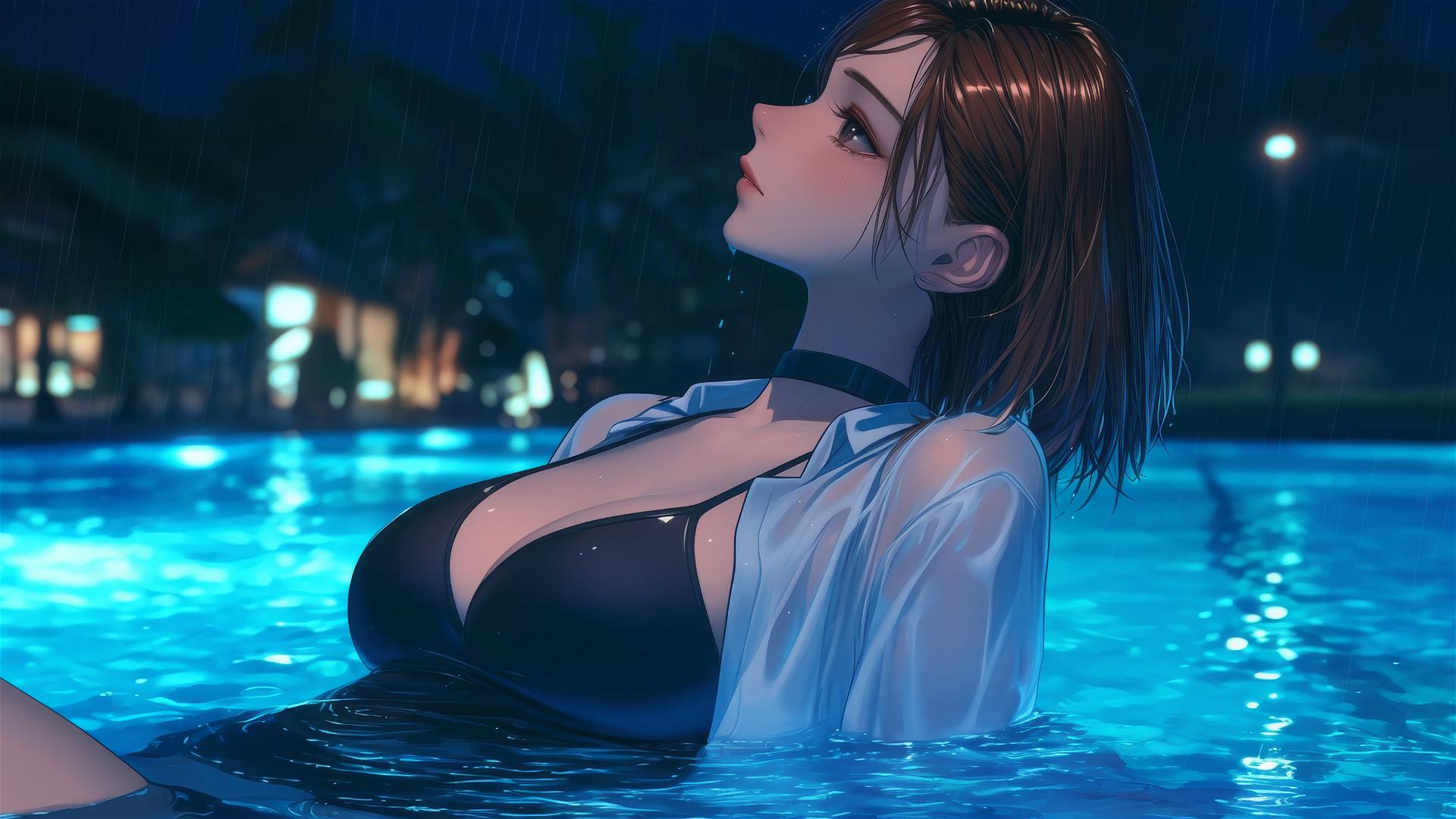 Nobara Kugisaki resting by a rainy pool in moonlight