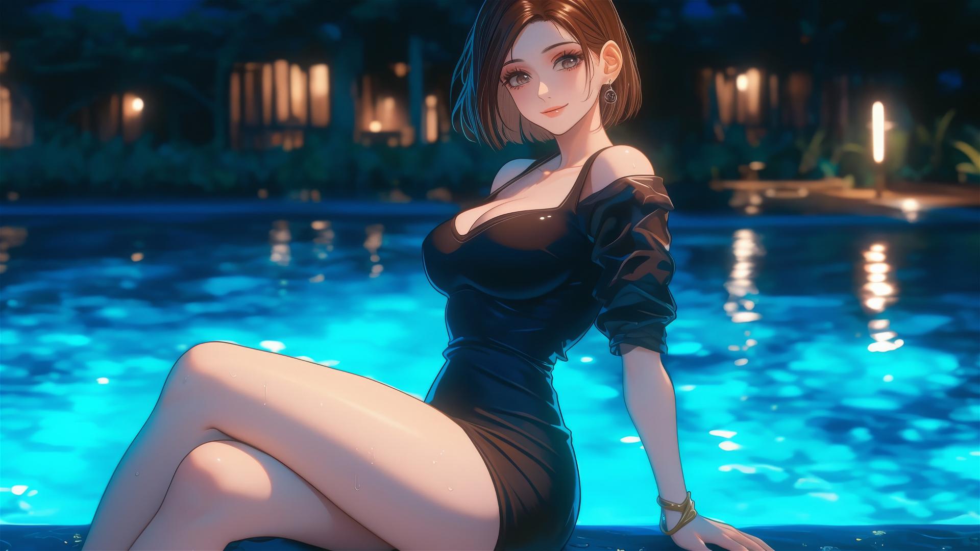 Nobara Kugisaki from Jujutsu Kaisen resting by a rainy swimming pool under moonlight
