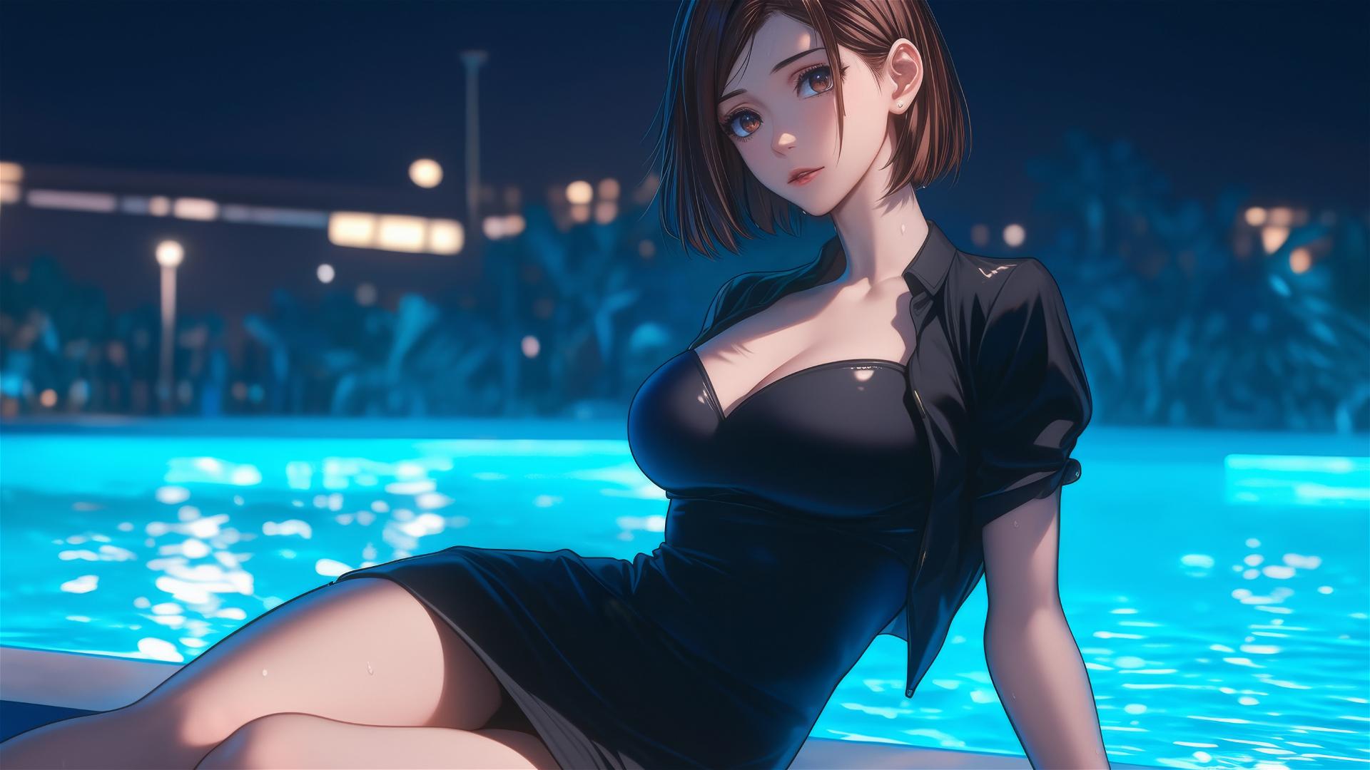 Nobara Kugisaki from Jujutsu Kaisen resting by a rainy swimming pool under moonlight